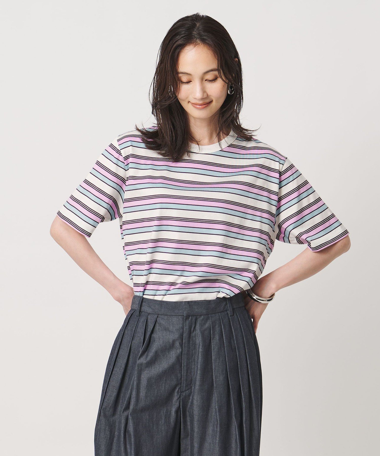 マルチボーダー ハーフスリーブ Tシャツ ユナイテッドアローズ トップス カットソー・Tシャツ ホワイト ブラウン