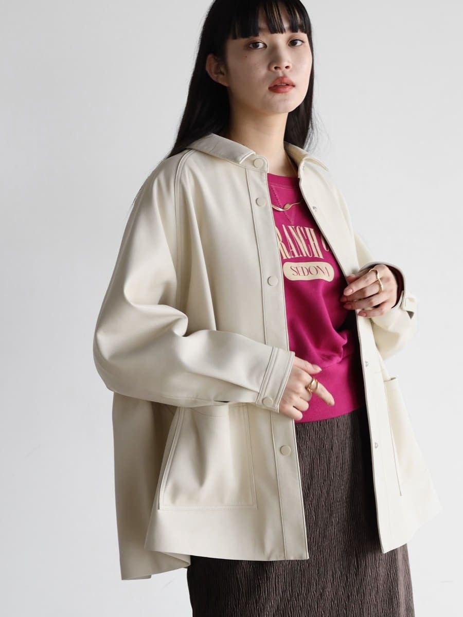 【SALE／49%OFF】LASUD フェィクレザーオーバージャケット ラシュッド ジャケット・アウター カバーオール・ワークジャケット ホワイト ブラック グリーン【送料無料】のサムネイル