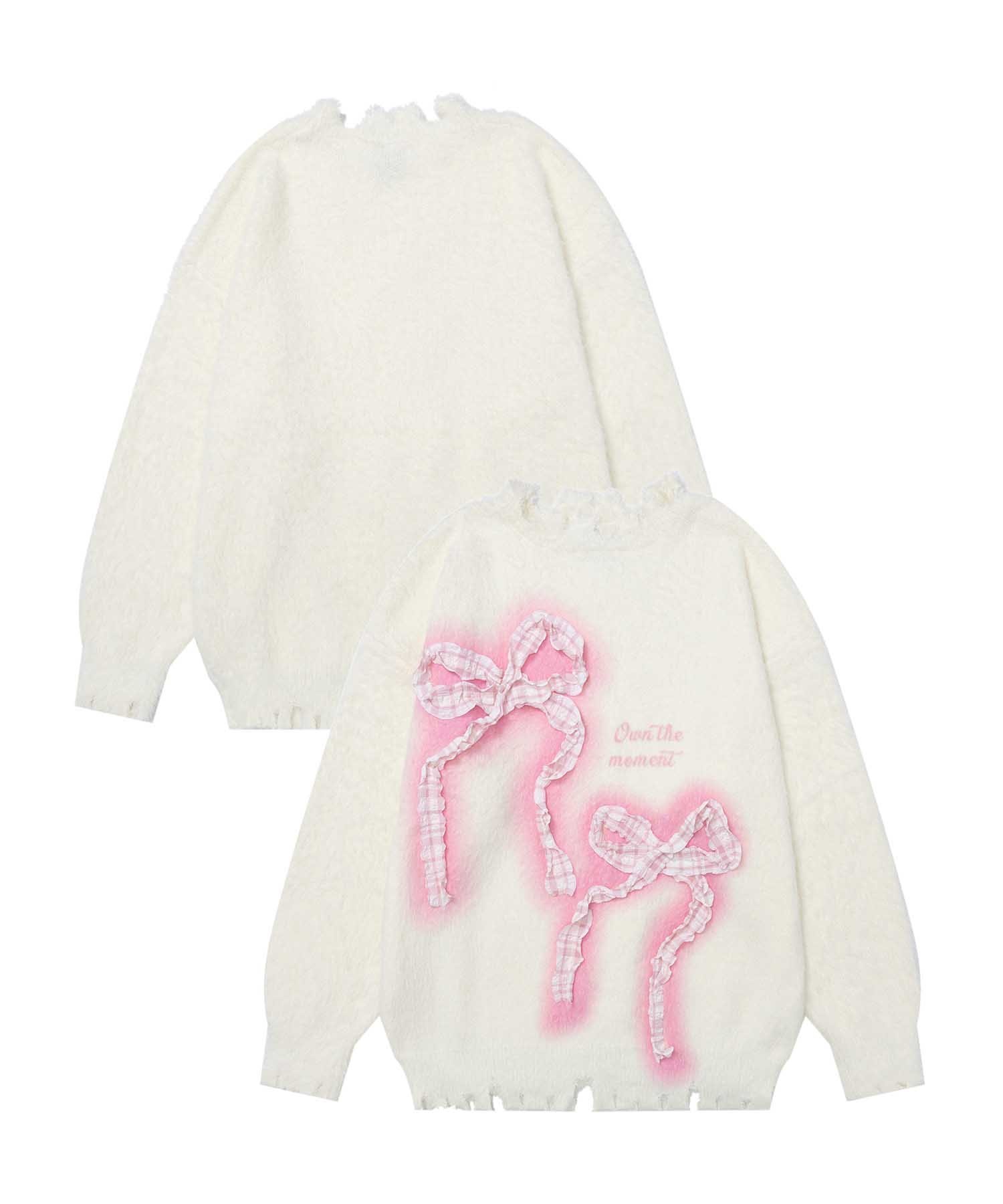 HOOK 【HOOK】for girls チェック柄リボン付きダメージニット アイモハ トップス ニット ホワイト ブラウン