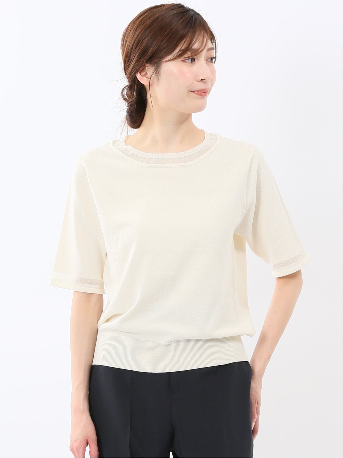 【SALE／10%OFF】m.f.editorial ハンドウォッシャブル シアー 切替 クルーネック 半袖 ニット プルオーバー タカキュー トップス ニット ホワイト【送料無料】