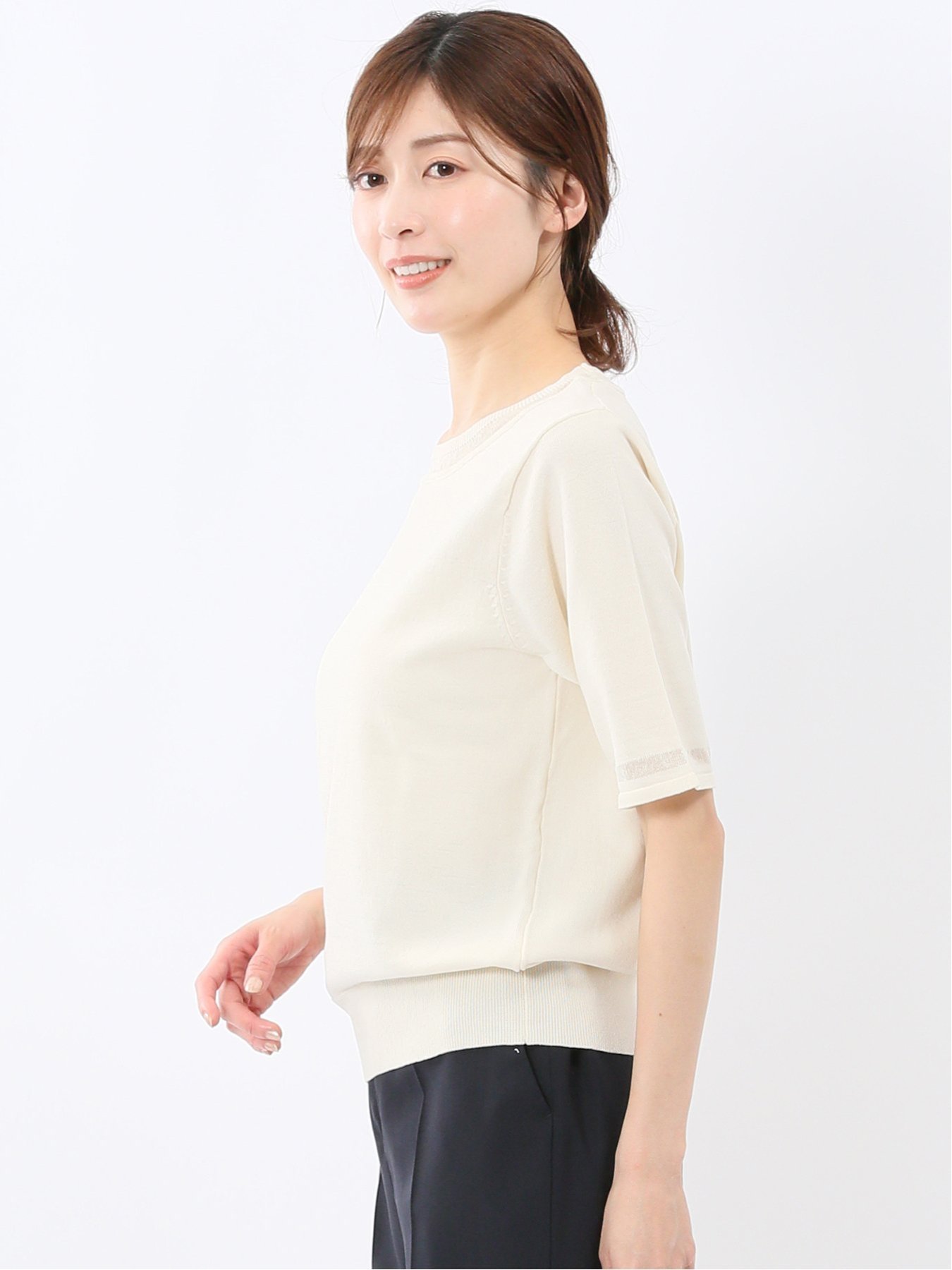 【SALE／10%OFF】m.f.editorial ハンドウォッシャブル シアー 切替 クルーネック 半袖 ニット プルオーバー タカキュー トップス ニット ホワイト【送料無料】