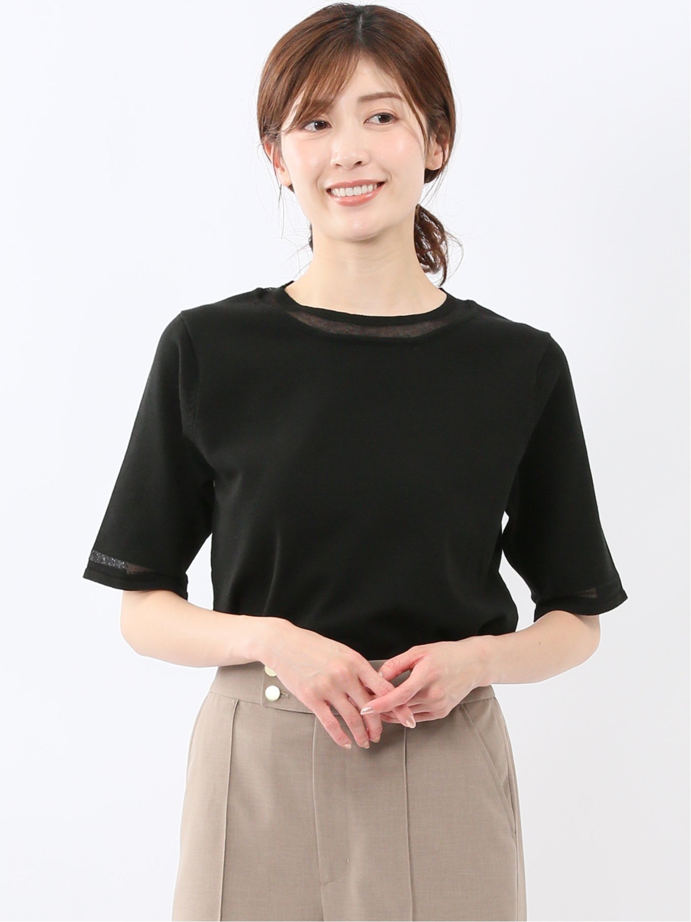 【SALE／10%OFF】m.f.editorial ハンドウォッシャブル シアー 切替 クルーネック 半袖 ニット プルオーバー タカキュー トップス ニット ホワイト【送料無料】