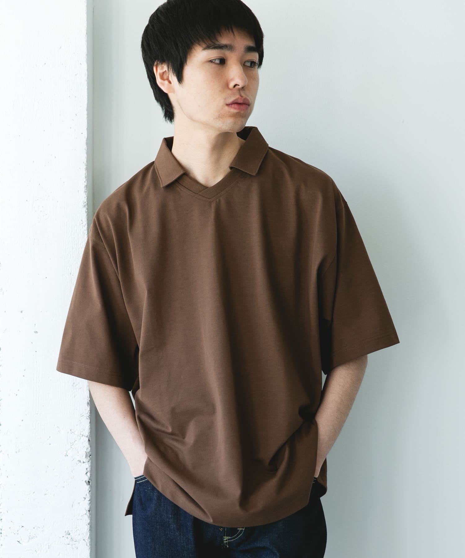 URBAN RESEARCH DOORS 『吸水速乾/防シワ/抗ピリング/UVカット/イージーケア』DRYMIX Vネック ポロカラー ショートスリーブ Tシャツ アーバンリサーチドアーズ トップス カットソー・Tシャツ ネイビー ブラウン【送料無料】