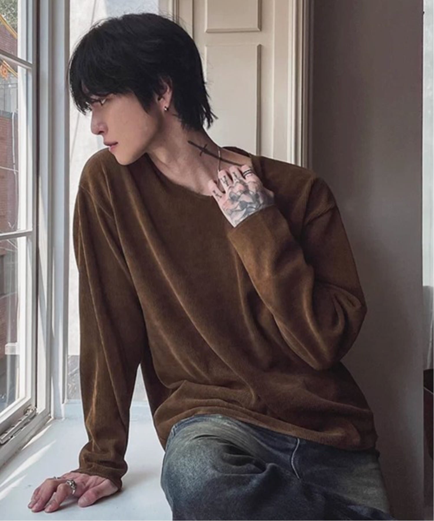 NOWLE NOWLE/(M)【NOWLE】Vネック リブテクスチャー ロングスリーブ Tシャツ カットソー チェルカ トップス カットソー・Tシャツ ブラウン ブラック