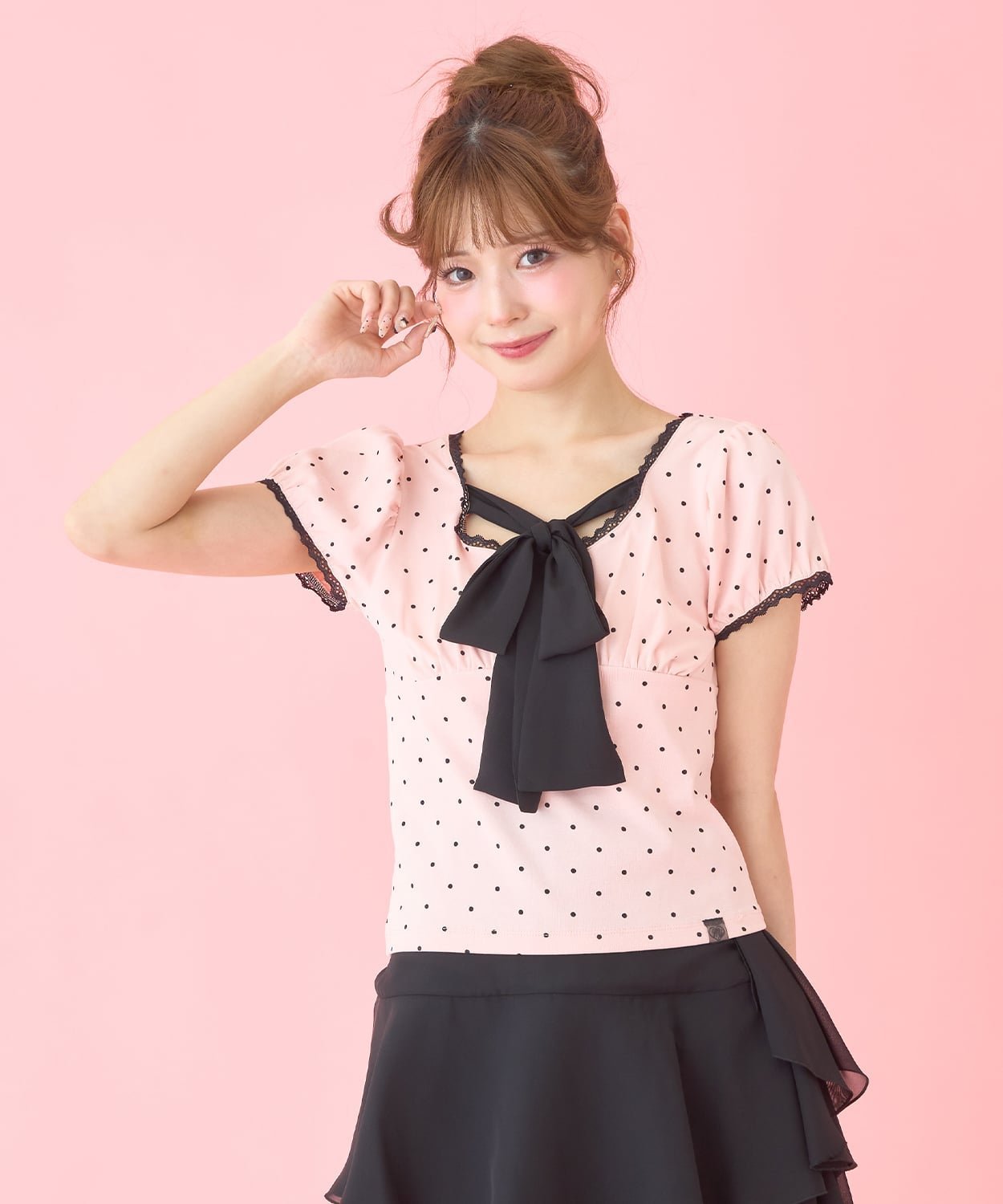 Mi-je フロントリボンドット半袖Tシャツ ナルミヤオンライン トップス カットソー・Tシャツ ピンク ホワイト