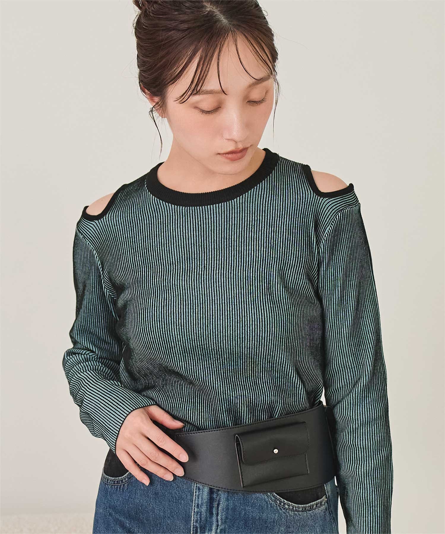 miette ショルダーカット バイカラー リブ ニット トップス フィット ロングシーズン ティティベイト トップス ニット ネイビー ブラック