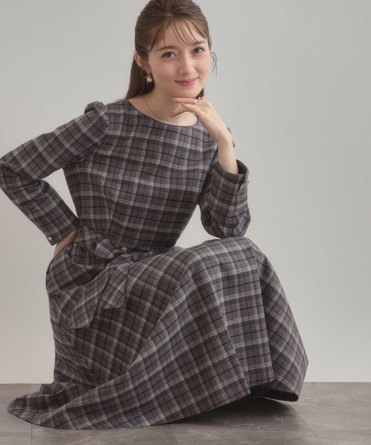 Couture Brooch 【大人可愛い・微起毛】先染めチェック柄フィット&フレアワンピース クチュールブローチ ワンピース・ドレス その他のワンピース・ドレス グレー ブラウン【送料無料】のサムネイル