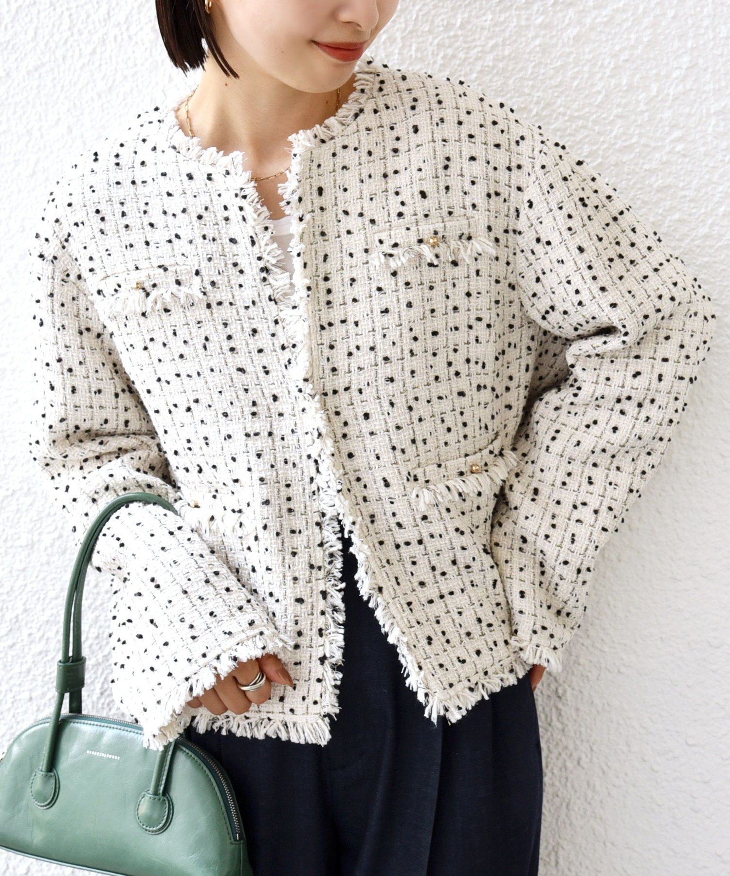 SHIPS WOMEN 《予約》【SHIPS別注】troisiemeCHACO: ツイード ジャケット(セレモニー対応可) シップス ジャケット・アウター ノーカラージャケット ブラック ホワイト【送料無料】のサムネイル