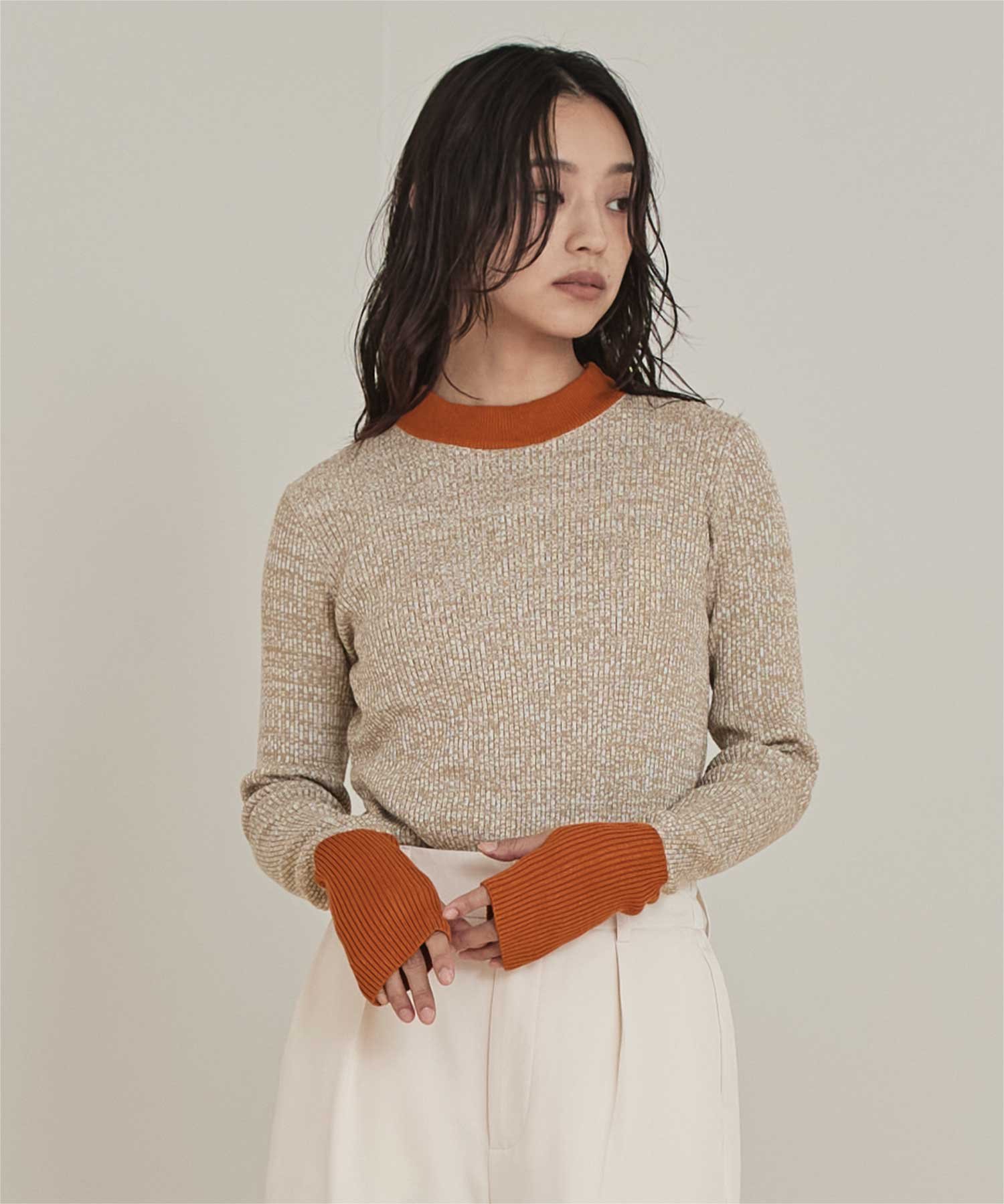 miette 配色 フィンガー リブニット トップス バイカラー ニット リブ 伸縮性 万能 ティティベイト トップス ニット グレー ブラウン ベージュ