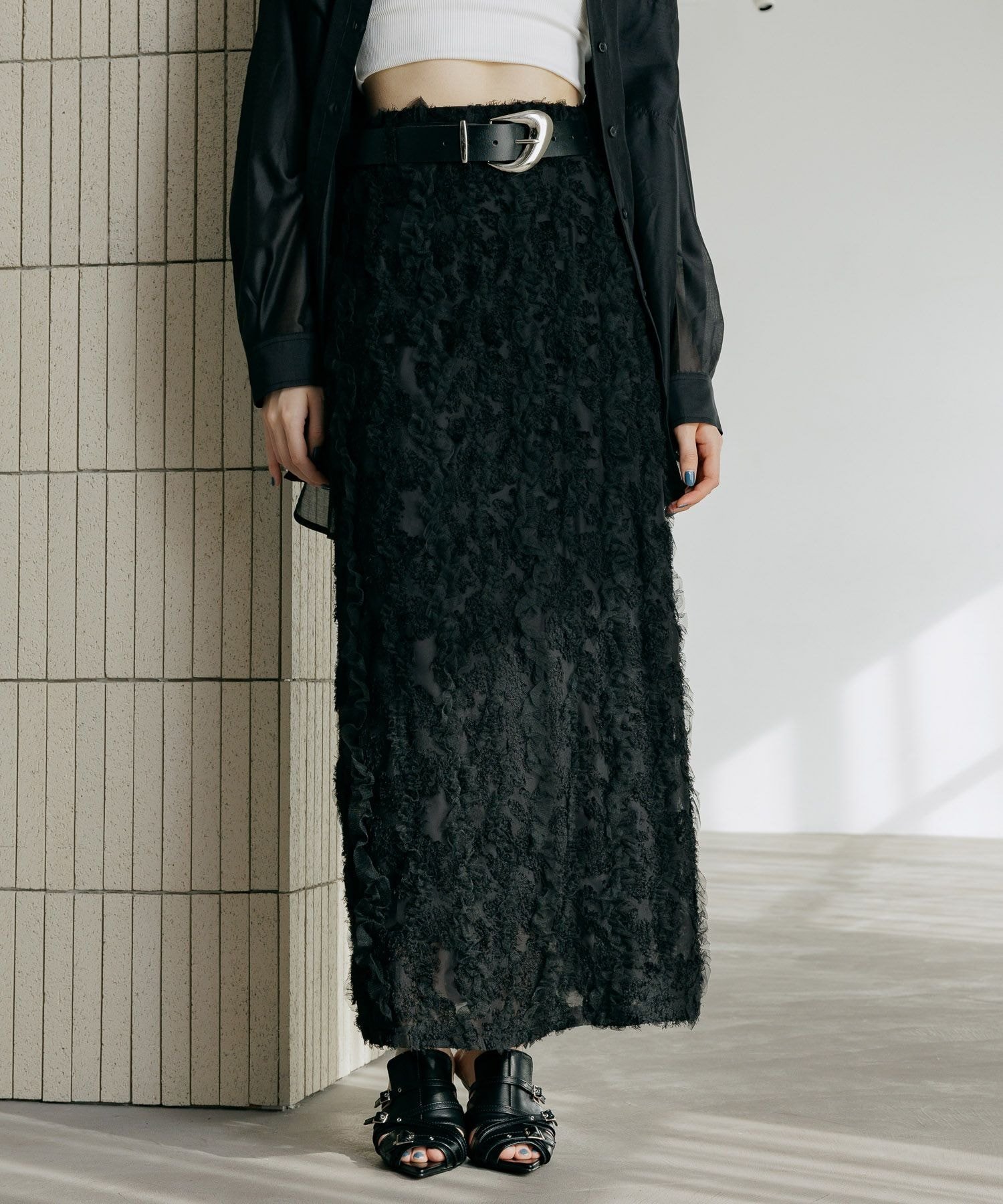 【SALE／38%OFF】PAGEBOY チュールフリルナロースカート ページボーイ スカート ロング・マキシスカート ブラック ホワイト【送料無料】