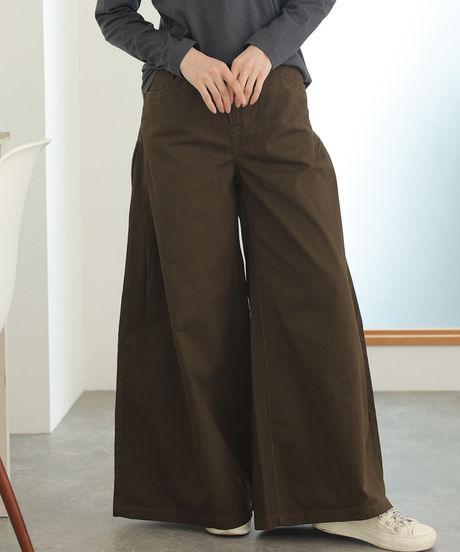 PourVous ウエストゴムツイルバギーパンツ プールヴー パンツ キュロット ベージュ カーキグリーン ブラック