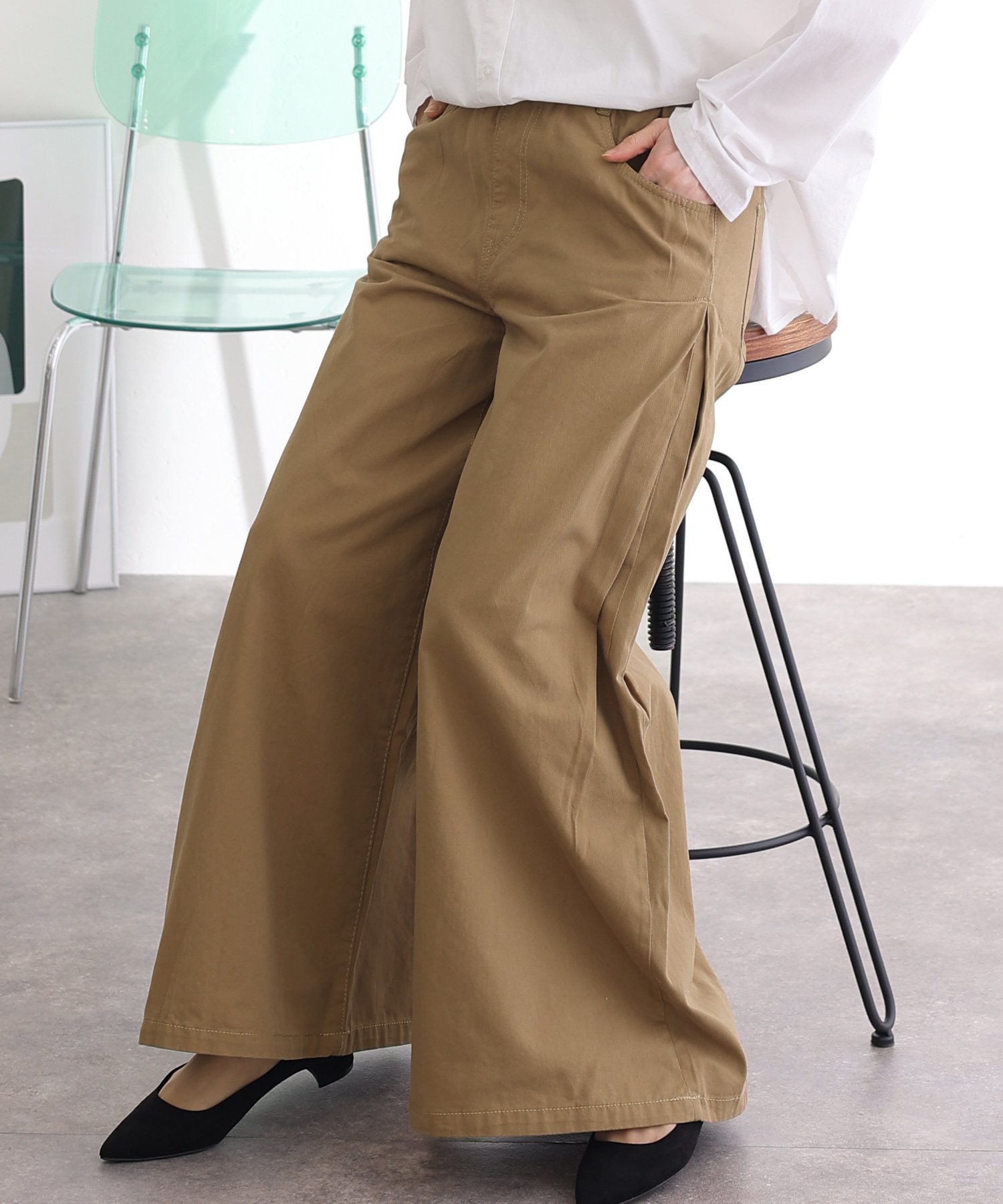 PourVous ウエストゴムツイルバギーパンツ プールヴー パンツ キュロット ベージュ カーキグリーン ブラック