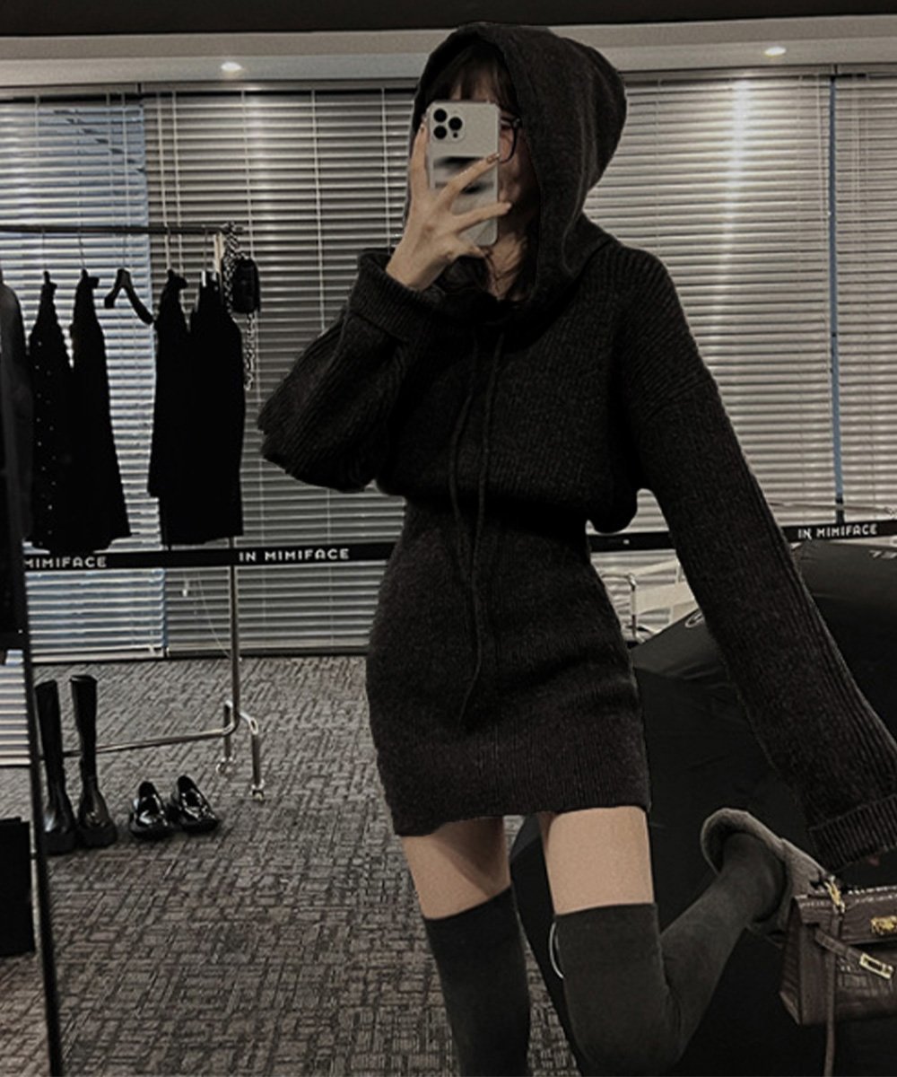 miniministore ミニニットワンピース フード付き 韓国風 ミニミニストア ワンピース・ドレス ワンピース ホワイト レッド ブラック グレー
