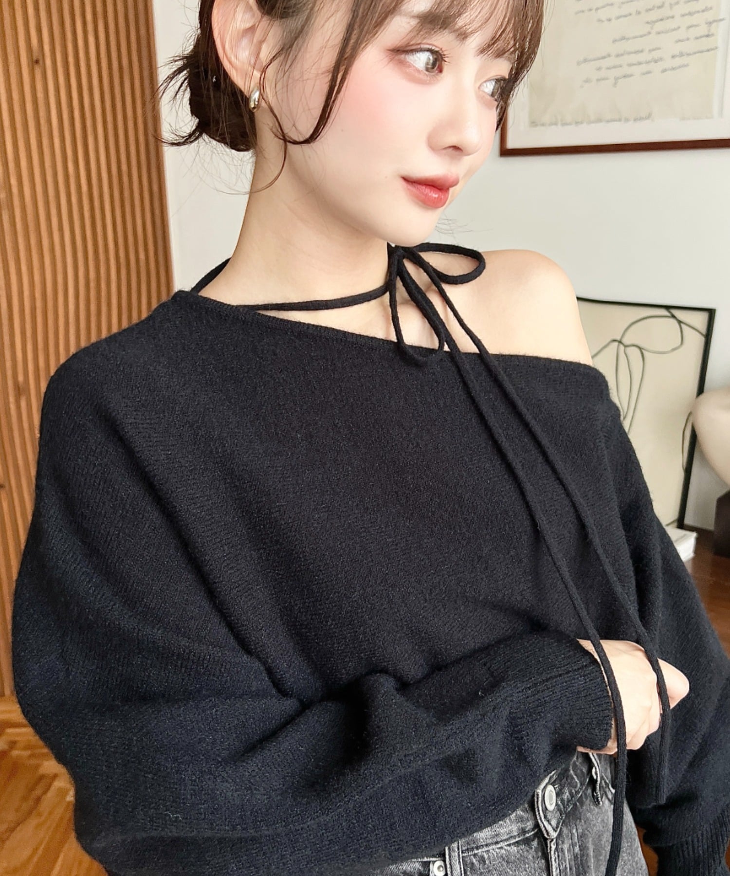 moment+ ストラップチョーカーネックリボンアシメワンショルダーニットプルオーバー モーメントプラス トップス ニット グレー ワインレッド ブラウン ホワイト ブラック ブルー