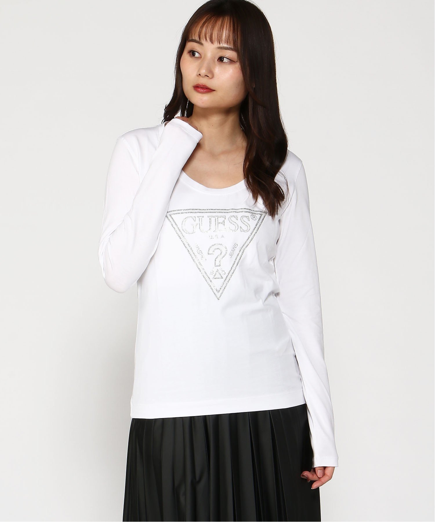 GUESS 長袖 Tシャツ レディース(W)LS Cn Shiny Triangle Tee ゲス トップス カットソー・Tシャツ ブラック ホワイト