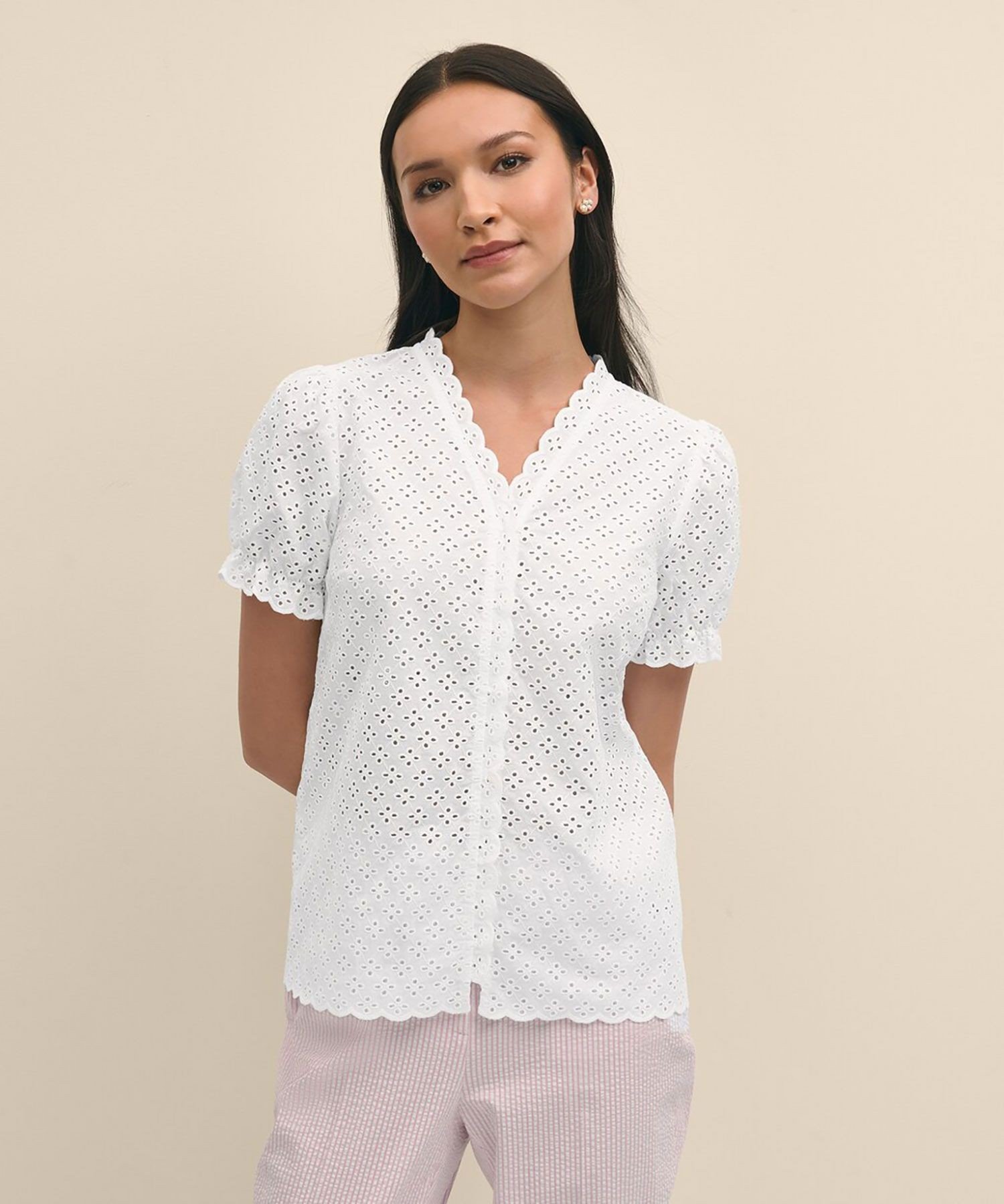 【SALE／35%OFF】BROOKS BROTHERS コットン アイレット ショートスリーブ ブラウス ブルックス ブラザーズ トップス シャツ・ブラウス ホワイト【送料無料】