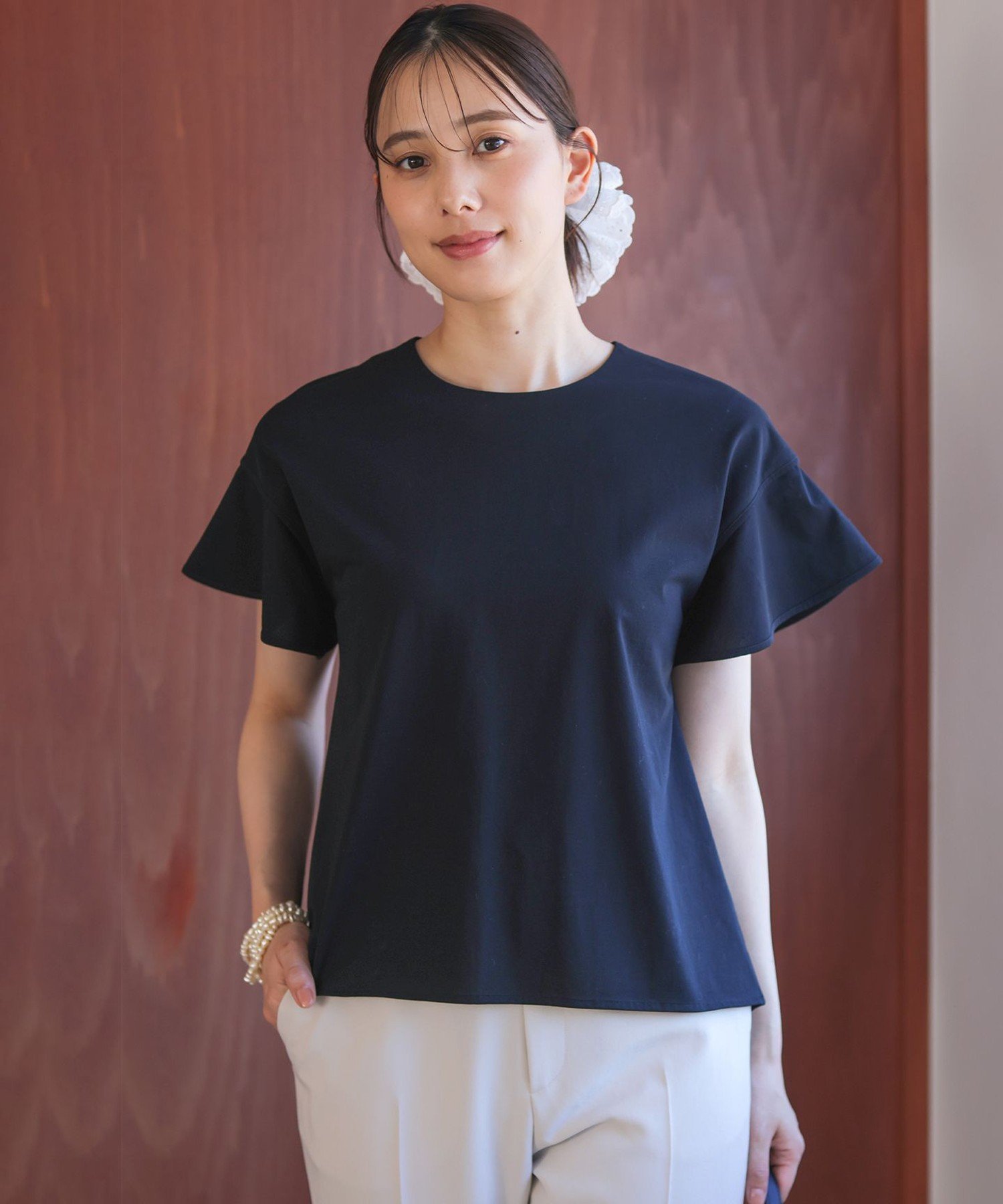 組曲 【WEB限定】プレーティング天竺フリルスリーブ Tシャツ クミキョク トップス カットソー・Tシャツ ホワイト ブラック