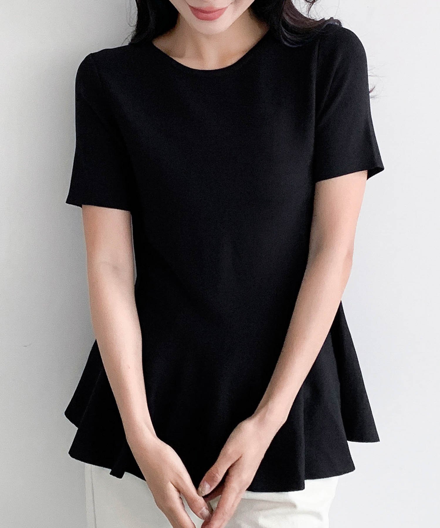 LOWO クルーネックペプラムニットソー リバーフィールド アンド コー トップス カットソー・Tシャツ ブラック ブラウン