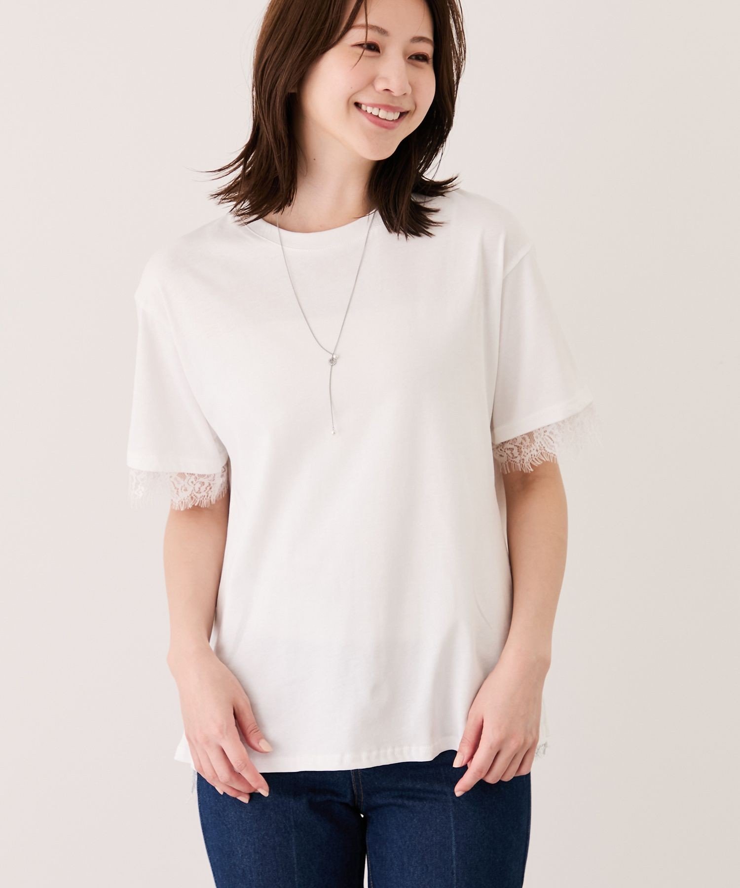 JAYRO バックスリットレース切替Tシャツ ジャイロ トップス カットソー・Tシャツ ホワイト ブラック