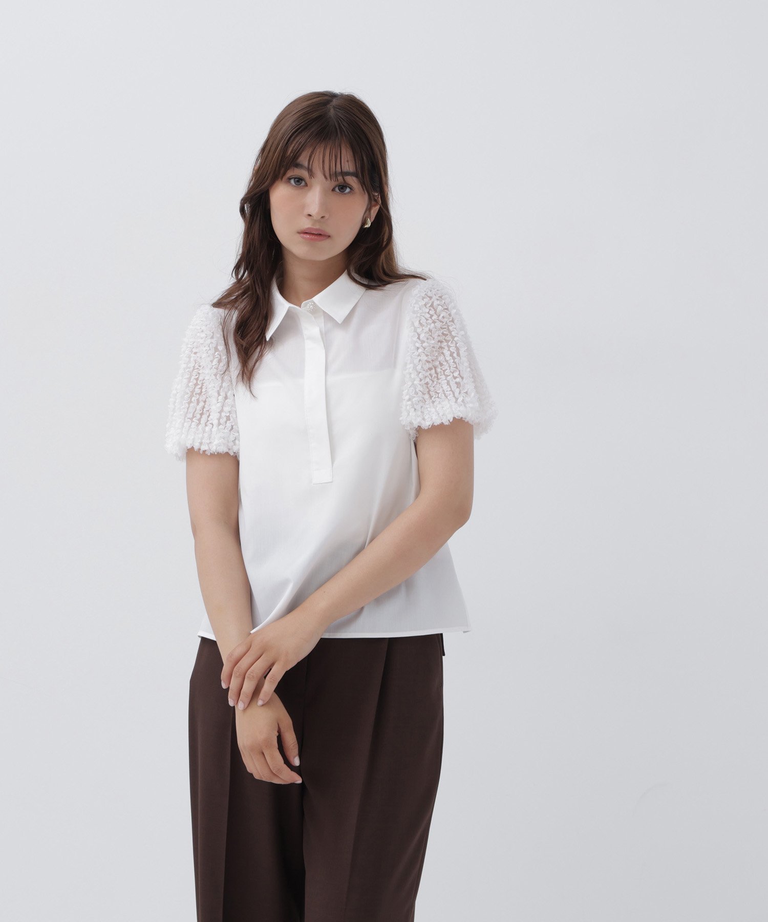 NATURAL BEAUTY BASIC フリルチュールブラウス ナチュラルビューティベーシック トップス シャツ・ブラウス ブラック ホワイト