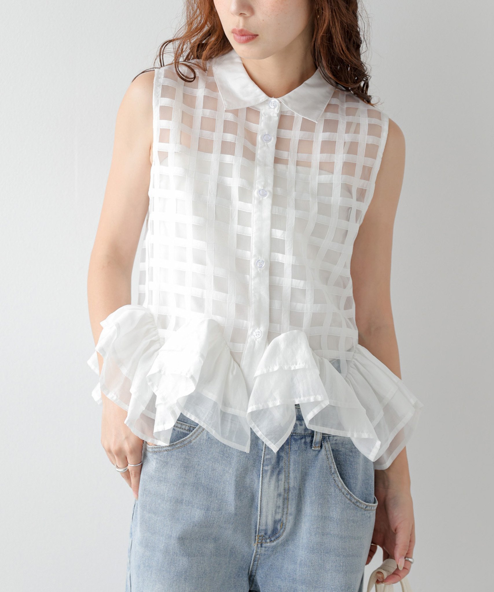 La-gemme シアーチェックフリルヘムブラウス ラジュール トップス シャツ・ブラウス ネイビー ホワイト