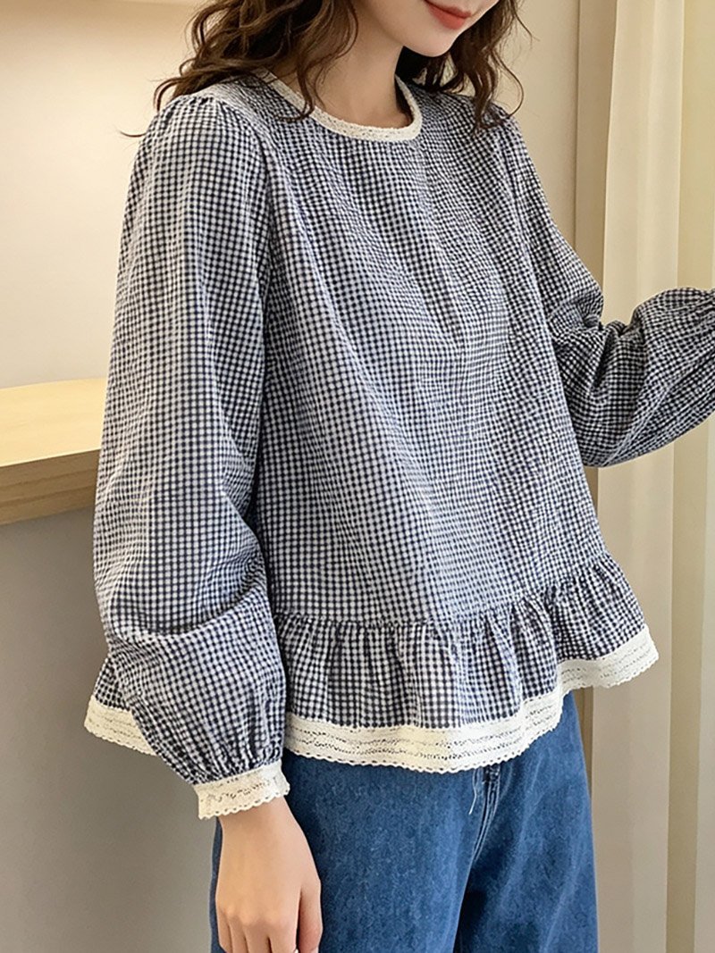 Doux Belle レーストリミングギンガムチェックペプラムブラウス レディース トップス ドゥー・ベル トップス シャツ・ブラウス ホワイト【送料無料】