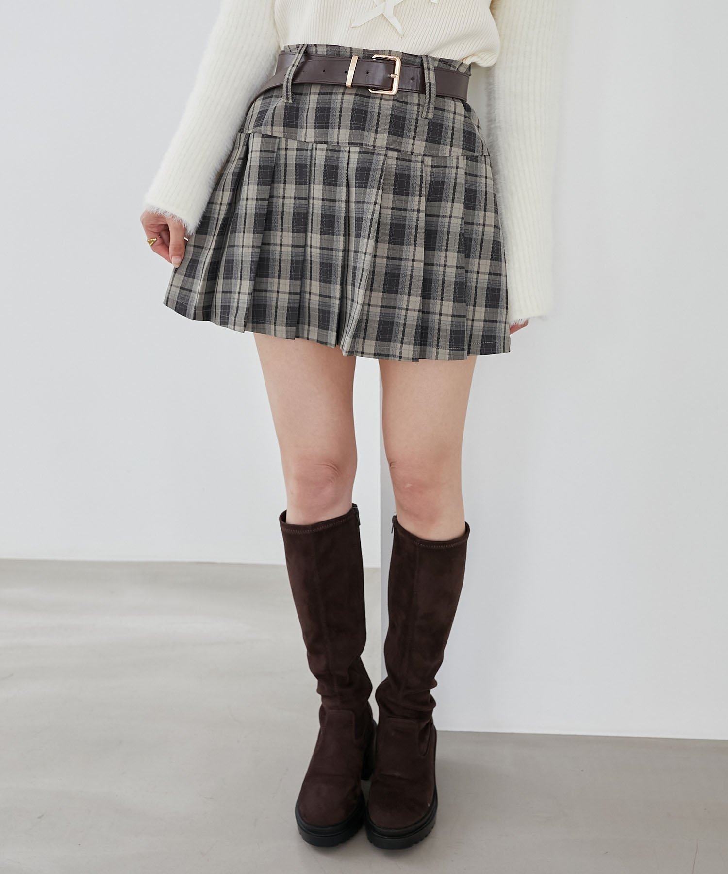 MAJESTIC LEGON 太ベルトプリーツミニスカート マジェスティックレゴン スカート ミニスカート ブルー ブラウン グレー ベージュ