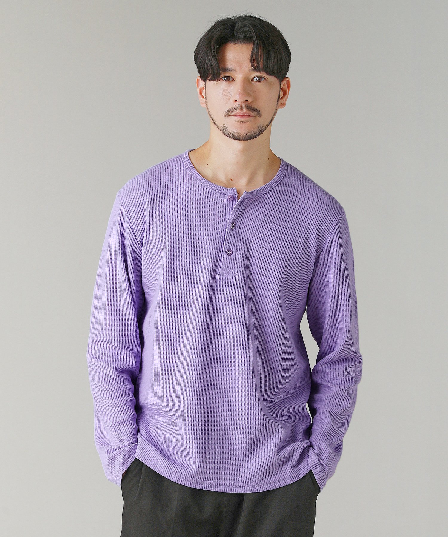 THE CASUAL ワッフルヘンリーネック長袖Tシャツ カジュアル トップス カットソー・Tシャツ グレー ホワイト パープル ブラック