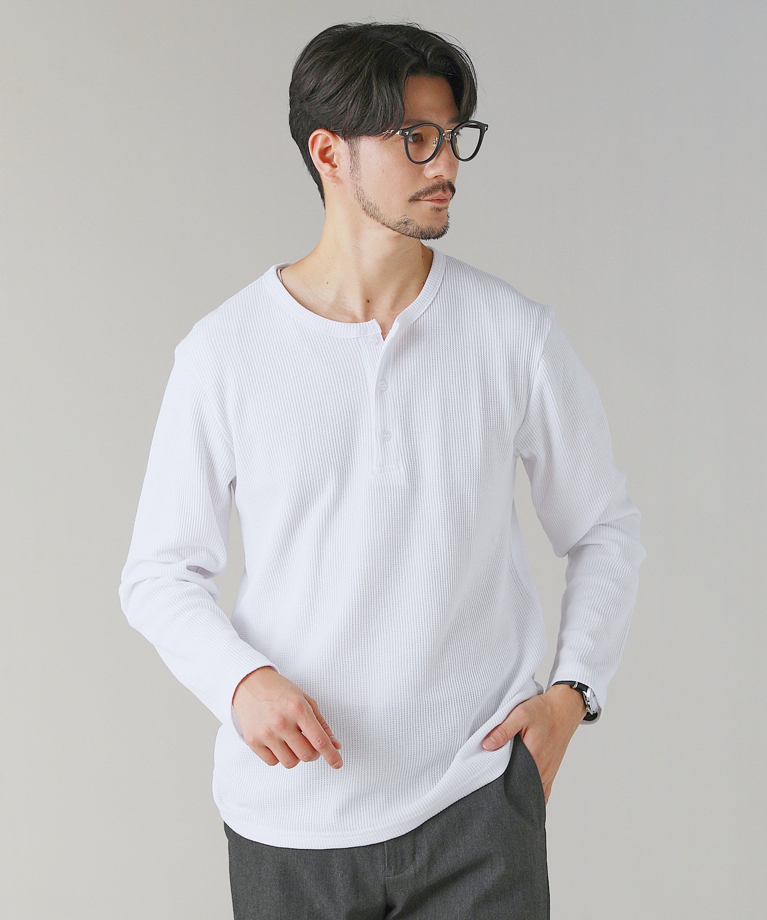 THE CASUAL ワッフルヘンリーネック長袖Tシャツ カジュアル トップス カットソー・Tシャツ グレー ホワイト パープル ブラック