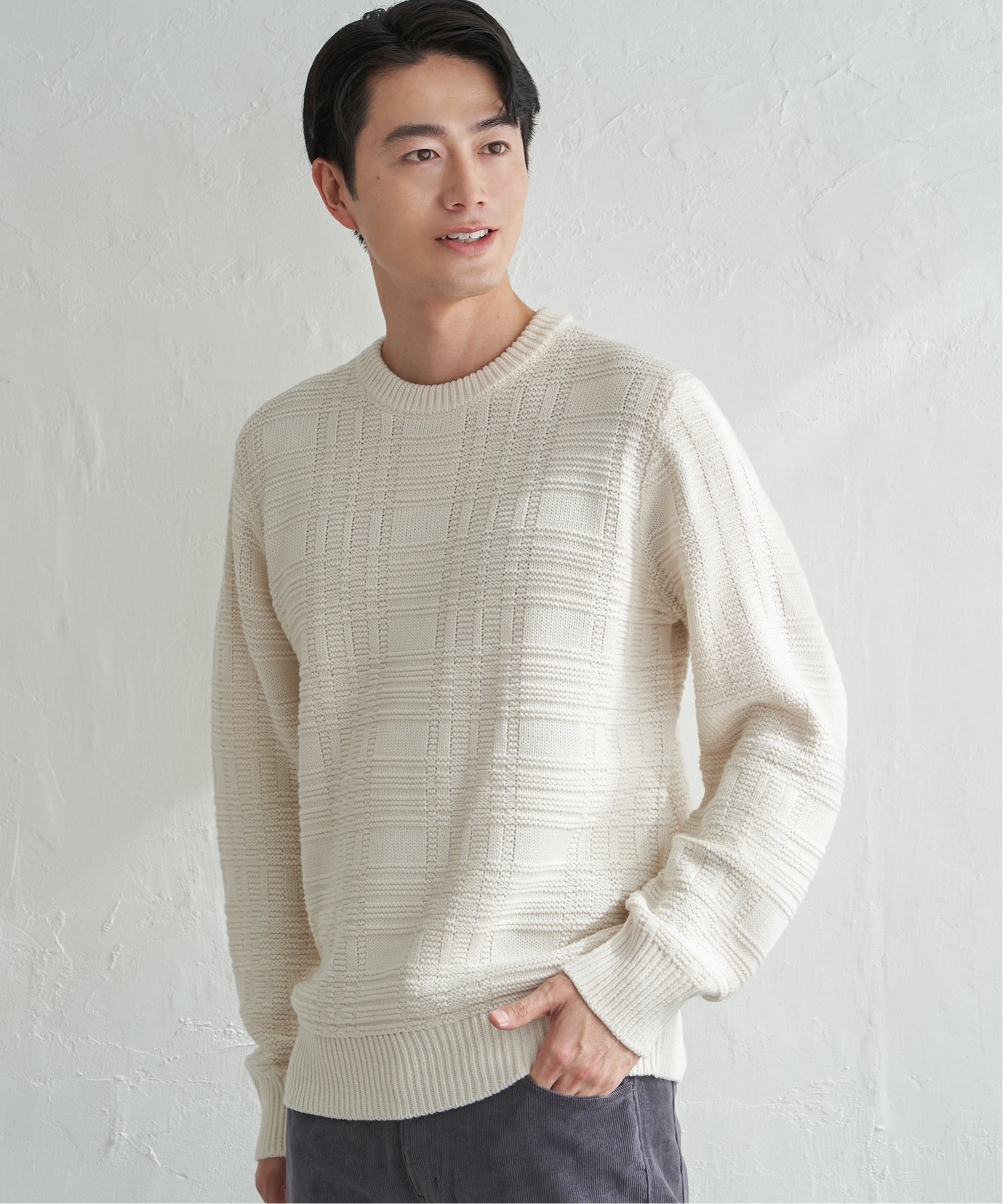 ikka 【洗濯機で洗える】ジャカードチェックニット イッカ トップス その他のトップス ホワイト ブラッ..