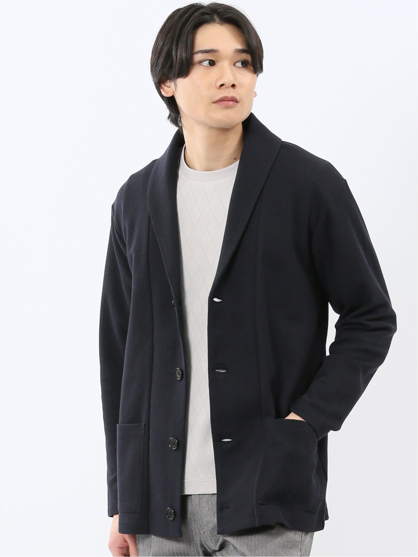 【SALE／30%OFF】TAKA-Q 綿混鹿の子 ショールカーディガン タカキュー トップス カーディガン ネイビー グレー【送料無料】