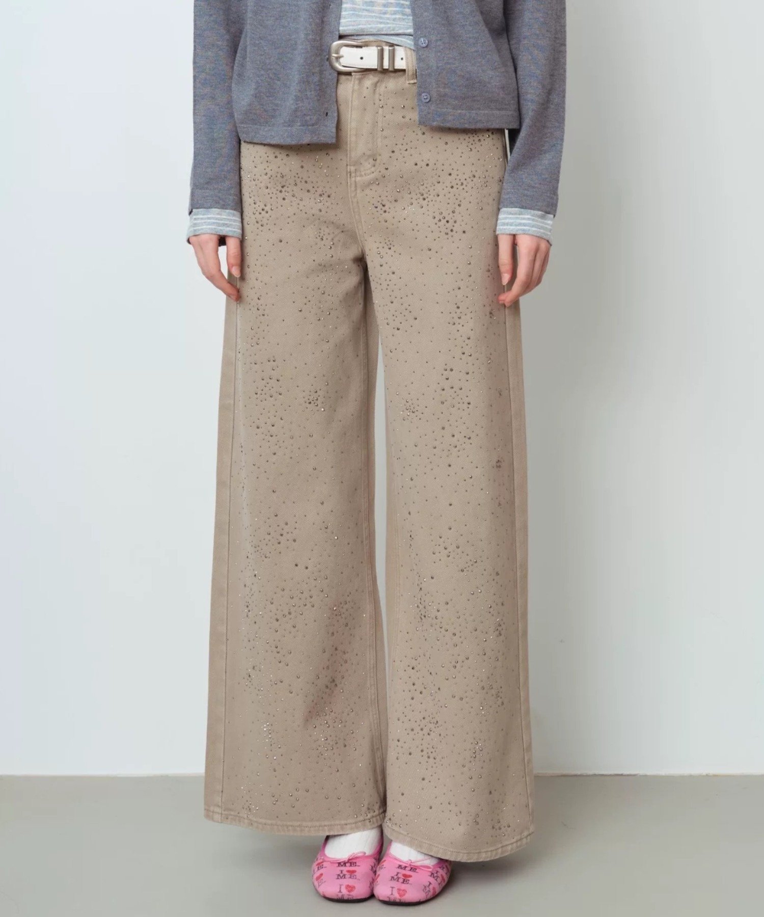 【SALE／10%OFF】CHUN CHUN NOTES 26SS/ラインストーンデザインワイドデニムパンツ ディアベル パンツ ジーンズ・デニムパンツ ベージュ ブルー【送料無料】