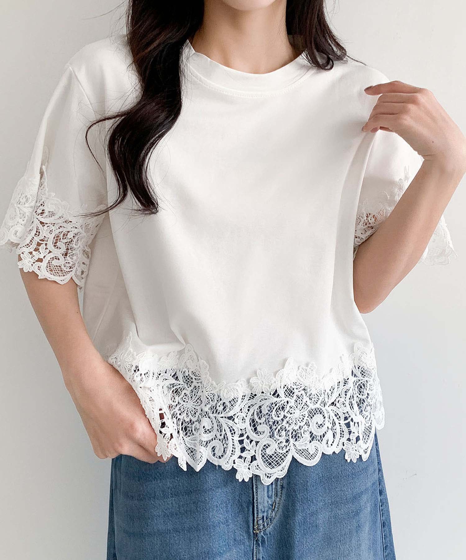 LOWO レースドッキングオーバーサイズTシャツ リバーフィールド アンド コー トップス カットソー・Tシャツ ブルー ブラック ホワイト