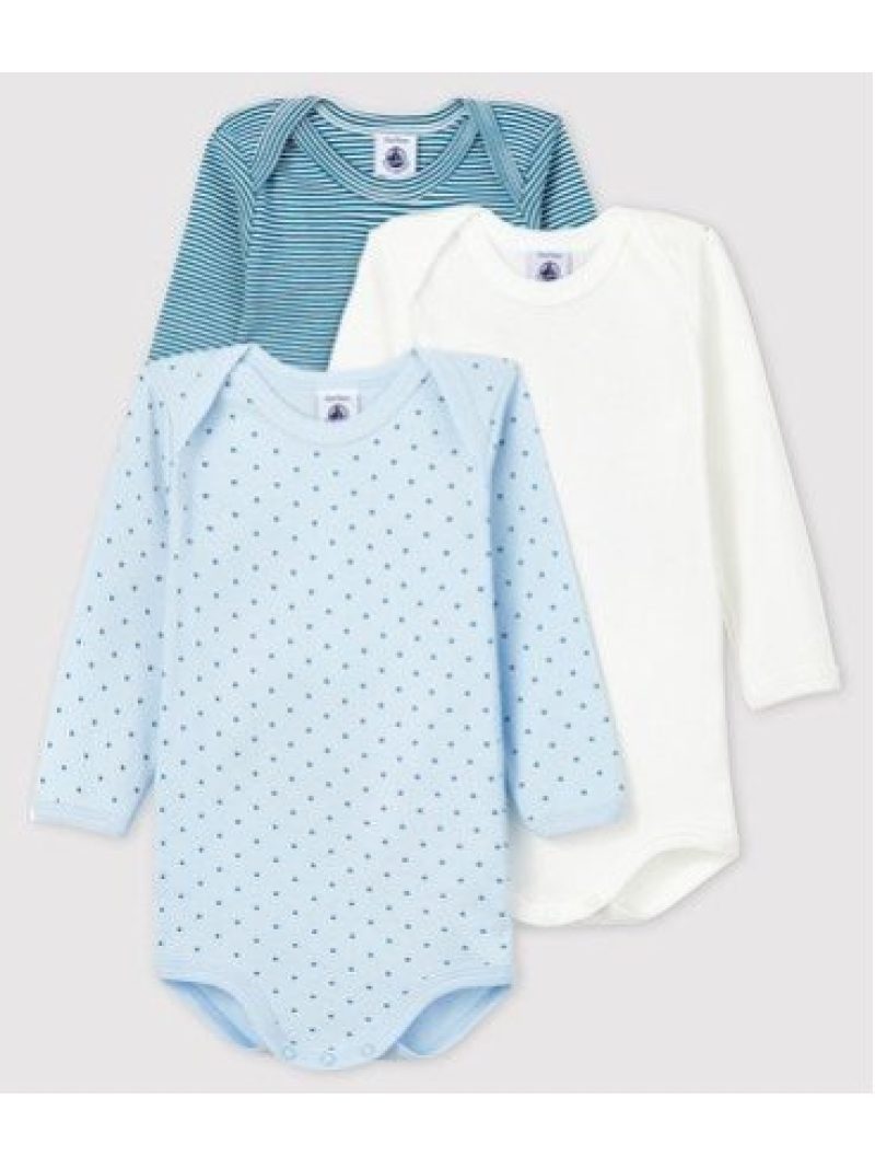 【SALE／30%OFF】PETIT BATEAU (K)ミラレ&プリント長袖ボディ3枚組 プチバトー マタニティウェア・ベビー用品 ロンパース・カバーオール ブルーのサムネイル