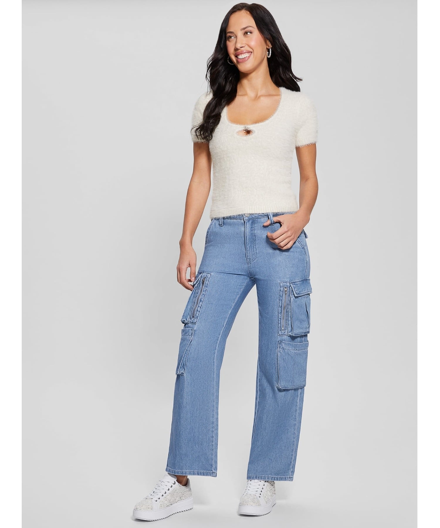 GUESS トップス (W)BRIGETTE Crop Sweater ゲス トップス ニット ブルー ホワイト