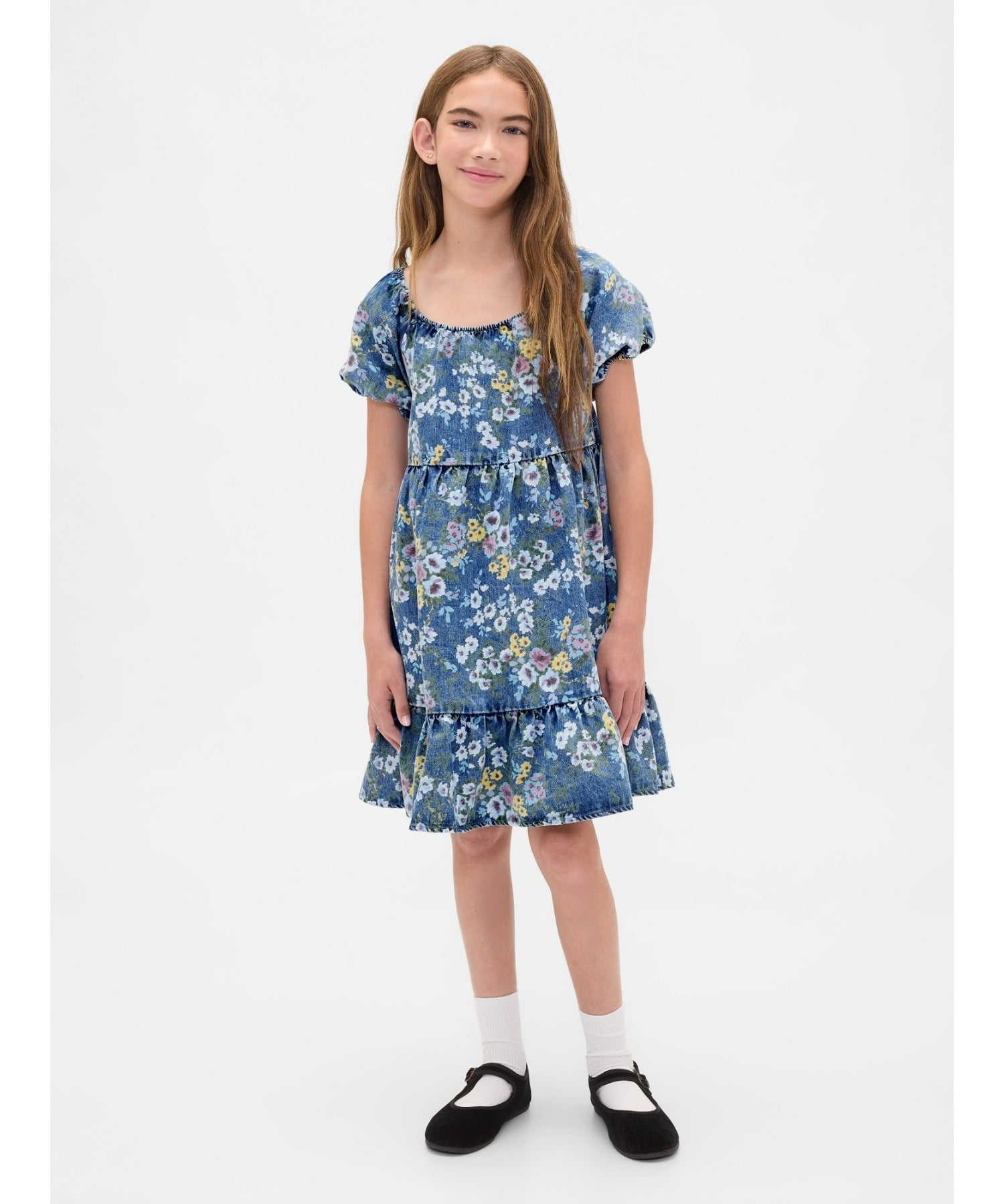 【SALE／60%OFF】GAP (K)デニム パフスリーブ フローラルワンピース (キッズ) ギャップ ワンピース・ドレス ワンピース ブルー