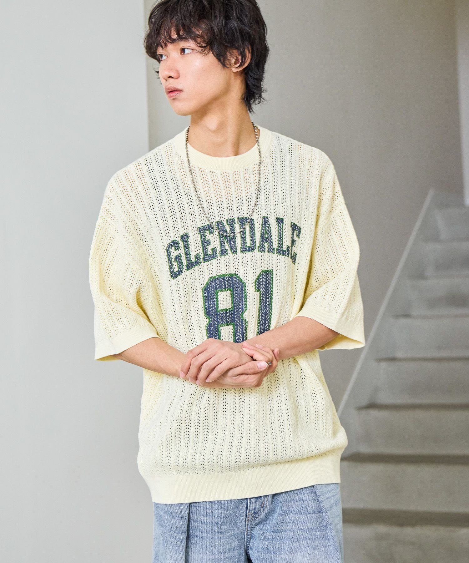PAGEBOYLIM 【PBLIM】カレッジメッシュニットT ページボーイ トップス カットソー・Tシャツ グレー ホワイト ネイビー