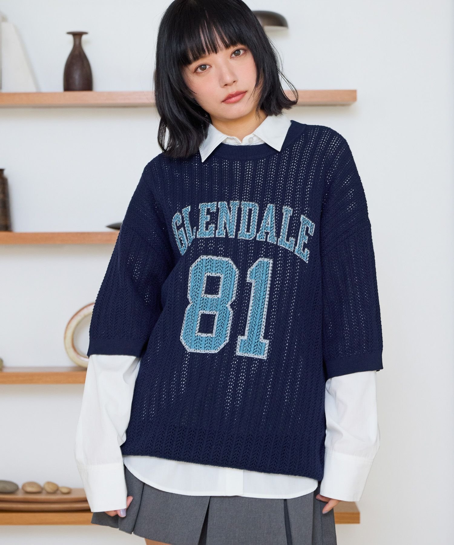 PAGEBOYLIM 【PBLIM】カレッジメッシュニットT ページボーイ トップス カットソー・Tシャツ グレー ホワイト ネイビー