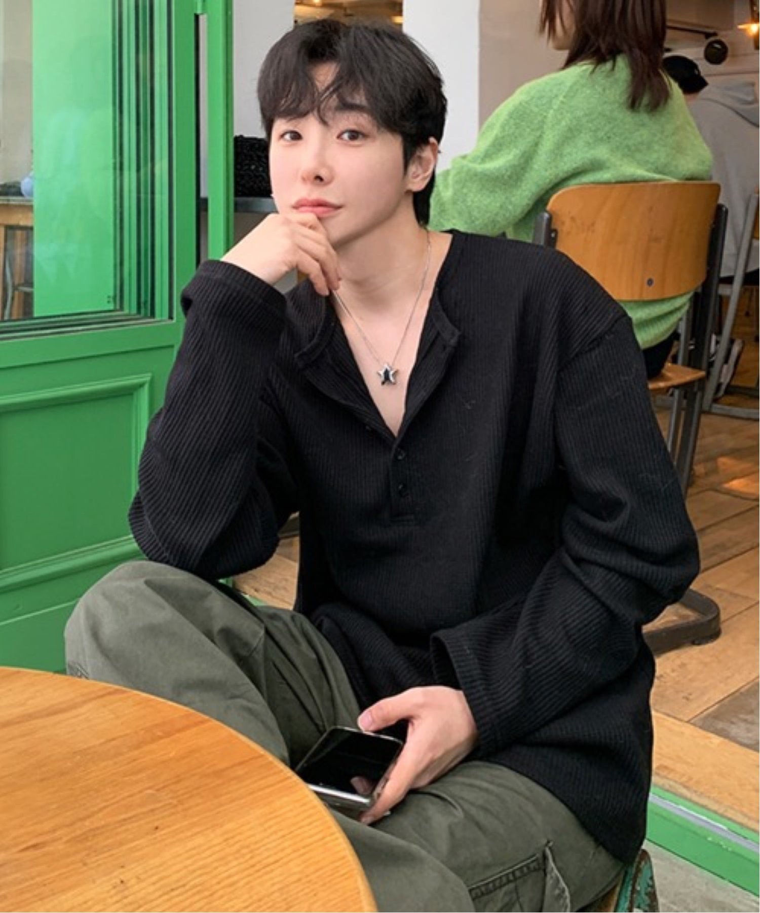 NOWLE NOWLE/(M)【NOWLE】ヘンリーネック ワッフル ルーズ ロンT / ライトサーマル カットソー チェルカ トップス カットソー・Tシャツ ブラック ホワイト