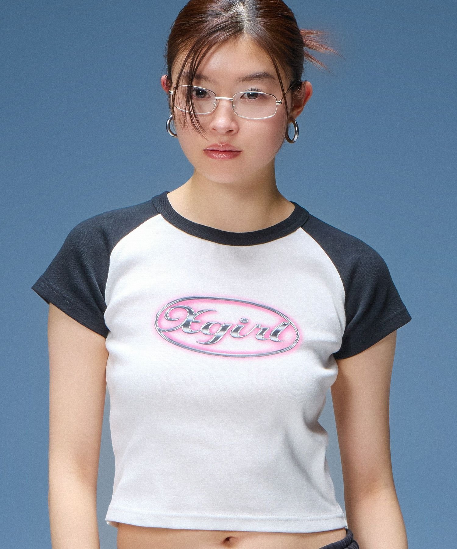 X-girl GLOW METAL OVAL LOGO RAGLAN S/S BABY TEE エックスガール トップス カットソー・Tシャツ グレー ホワイト