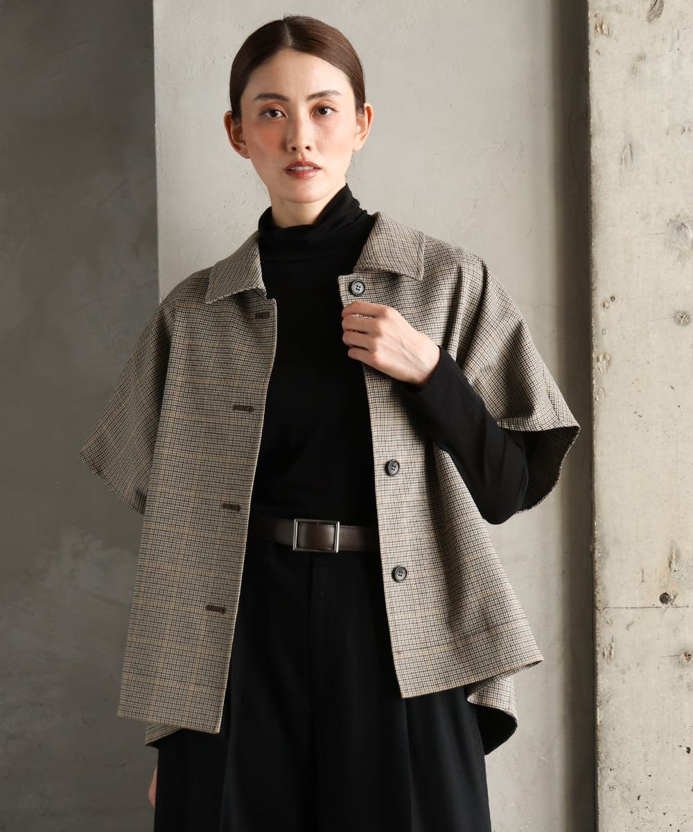 MICHEL KLEIN マイクロチェックケープジャケット ミッシェルクラン ジャケット・アウター ステンカラーコート イエロー