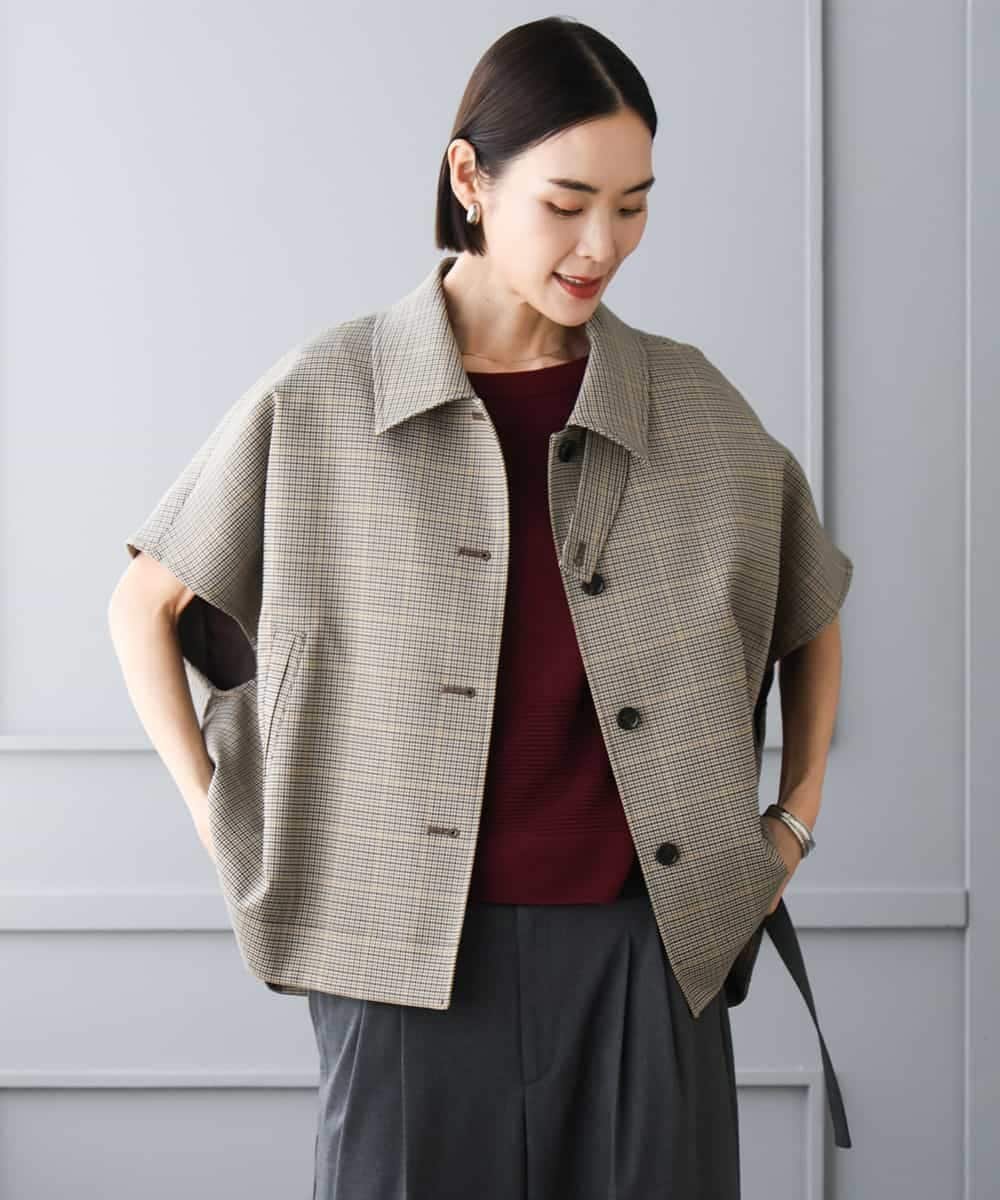MICHEL KLEIN マイクロチェックケープジャケット ミッシェルクラン ジャケット・アウター ステンカラーコート イエロー