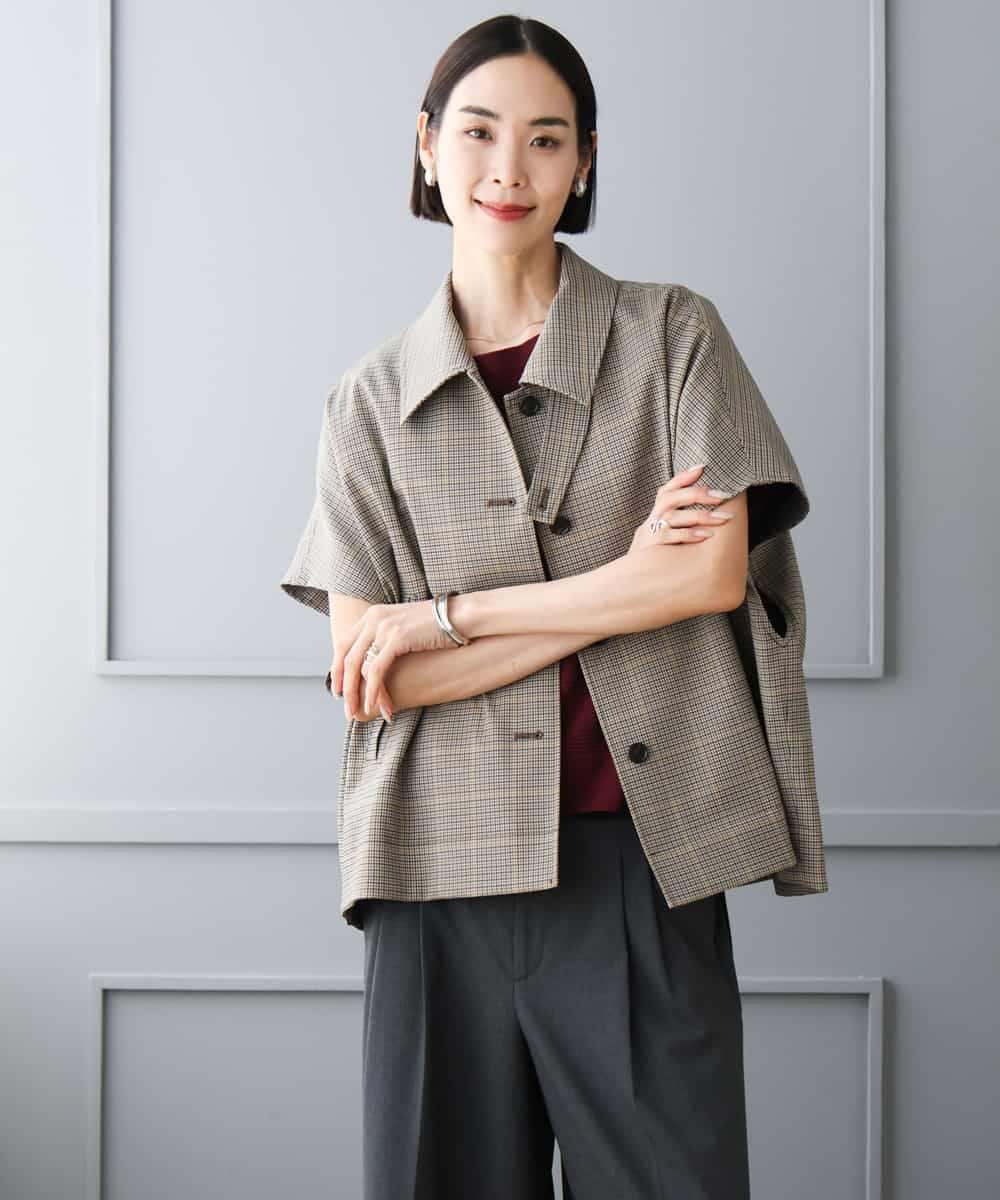 MICHEL KLEIN マイクロチェックケープジャケット ミッシェルクラン ジャケット・アウター ステンカラーコート イエロー
