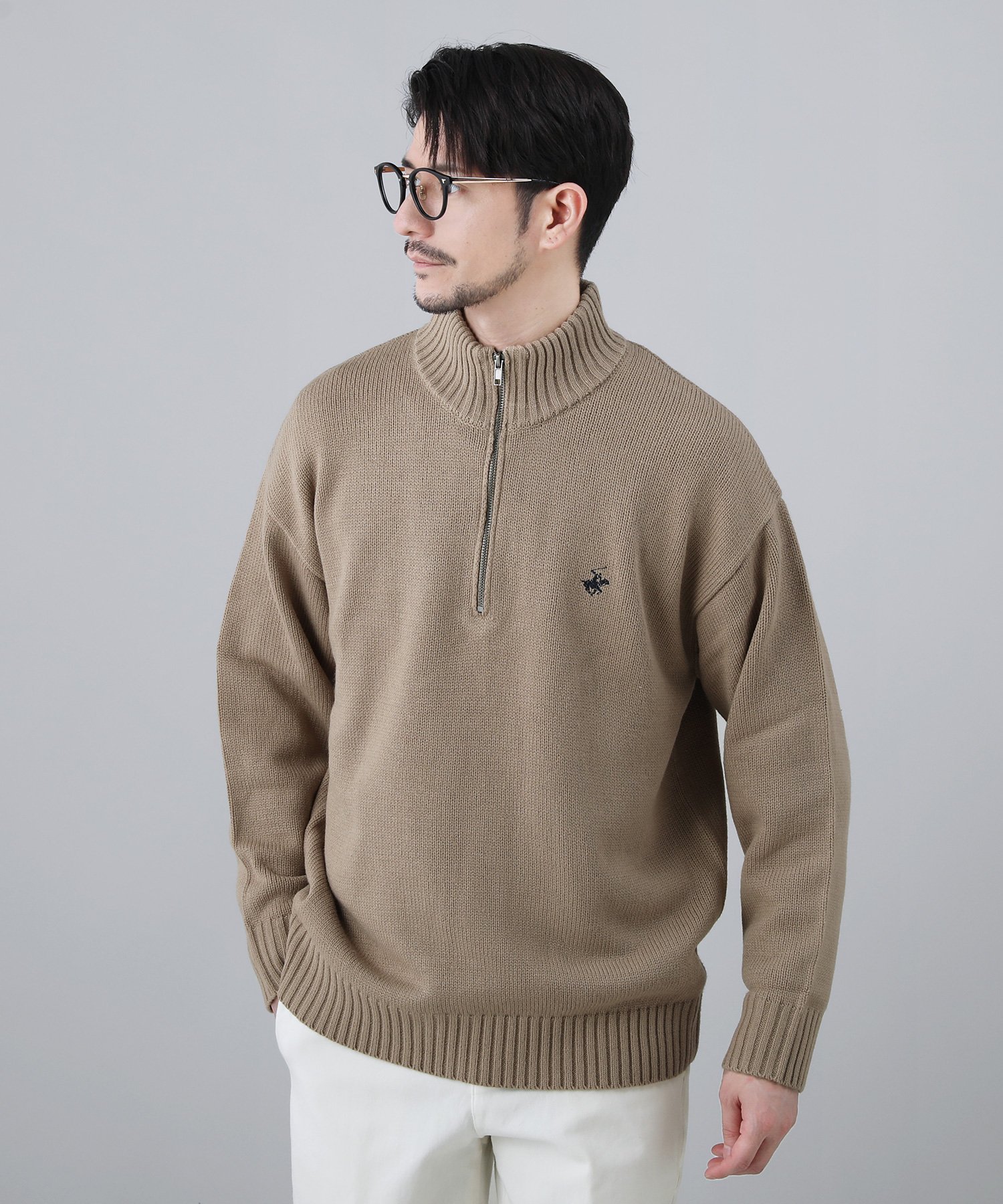 BEVERLY HILLS POLO CLUB ワンポイントハーフジップセーター カジュアル トップス ニット ネイビー ブ..