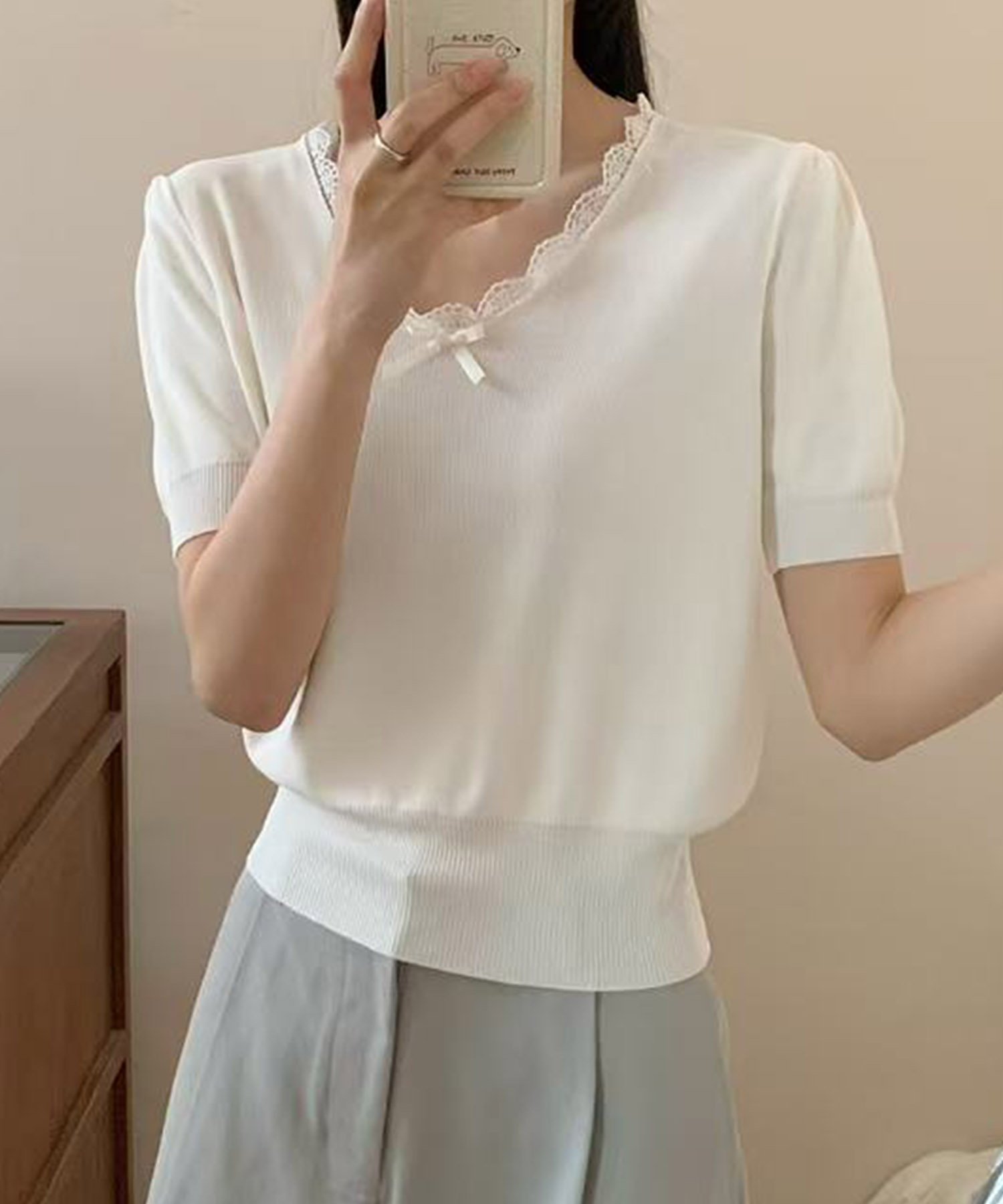 【SALE／30%OFF】BANICO 【BANICO】レースVネック半袖ニットトップス アイモハ トップス ニット ブルー ブラック ホワイト