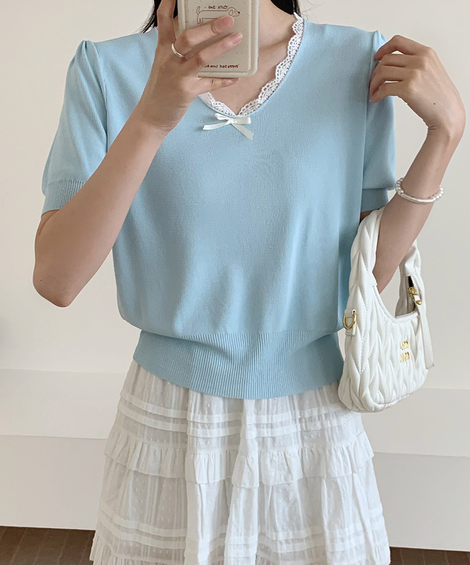【SALE／30%OFF】BANICO 【BANICO】レースVネック半袖ニットトップス アイモハ トップス ニット ブルー ブラック ホワイト