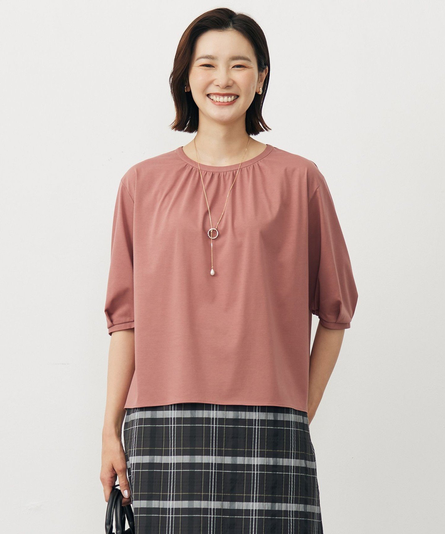 J.PRESS LADIES L 【洗える】ブラウスライクジャージー カットソー ジェイプレス トップス カットソー・Tシャツ ブラウン グレー ピンク