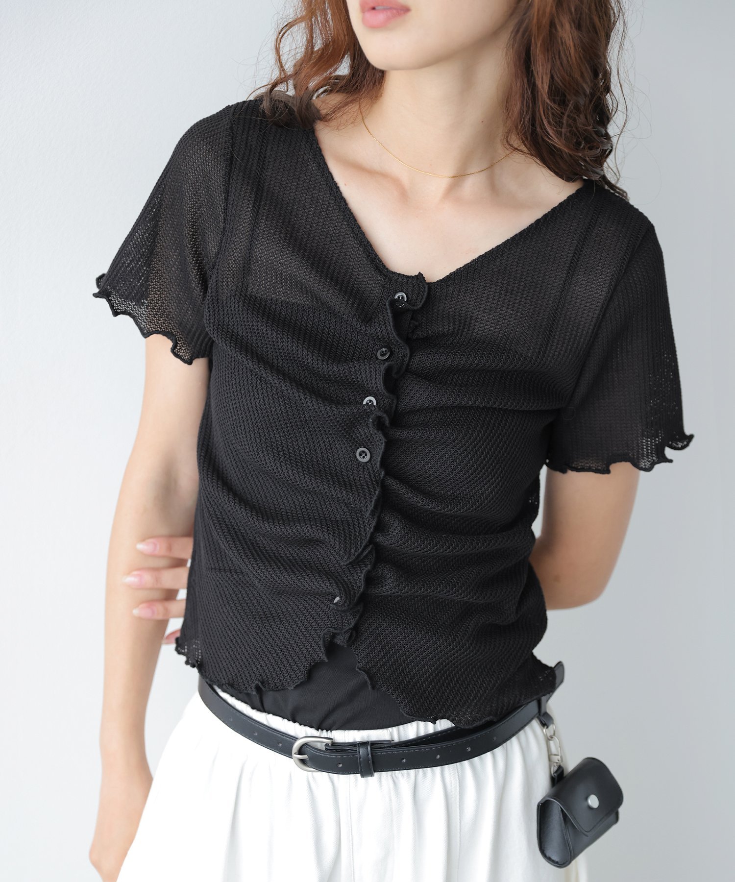 La-gemme シアーワッフル フロントギャザートップス ラジュール トップス カットソー・Tシャツ ブラック ホワイト