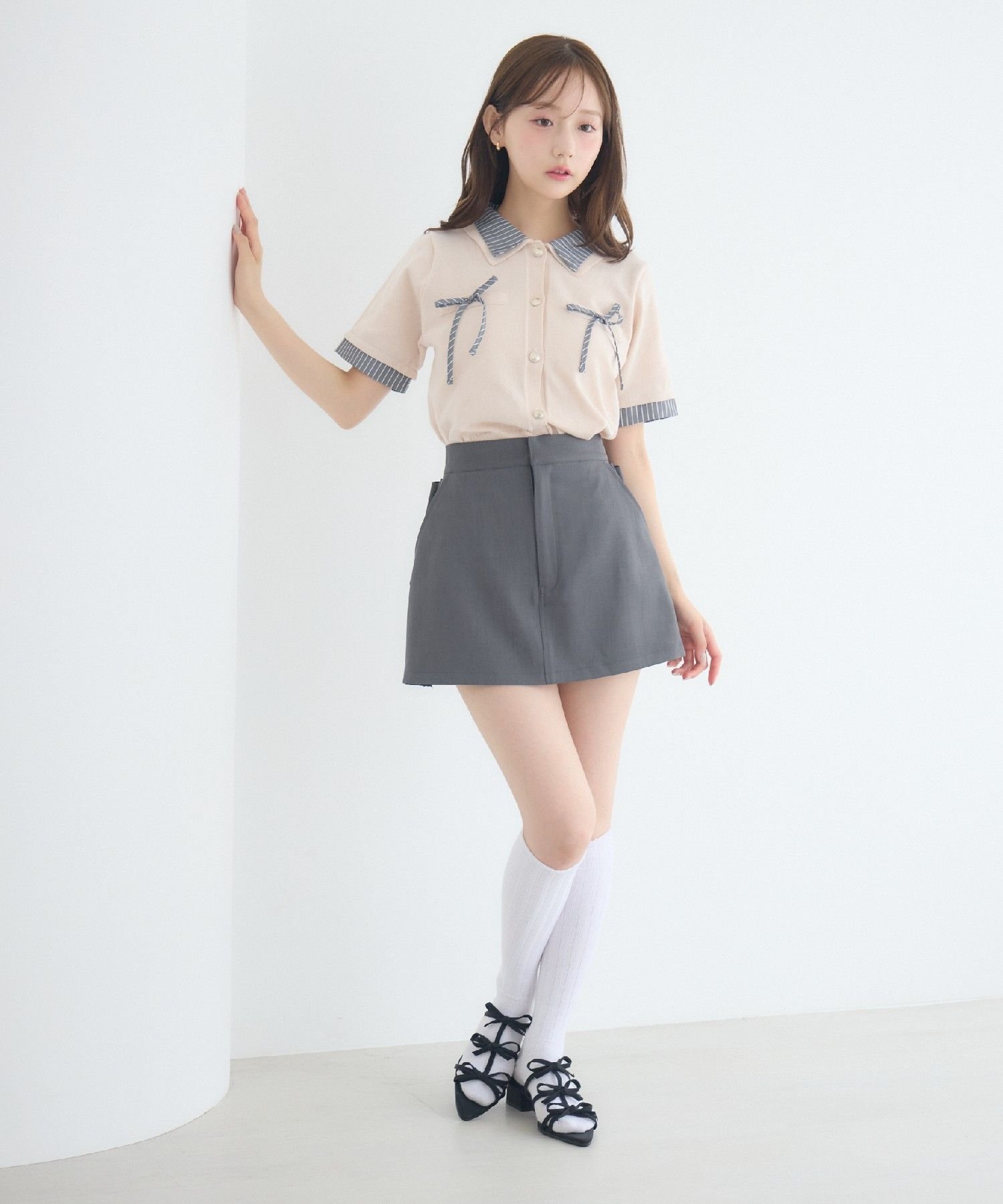 バックリボンショートパンツ レトロガール パンツ その他のパンツ ブラック グレー