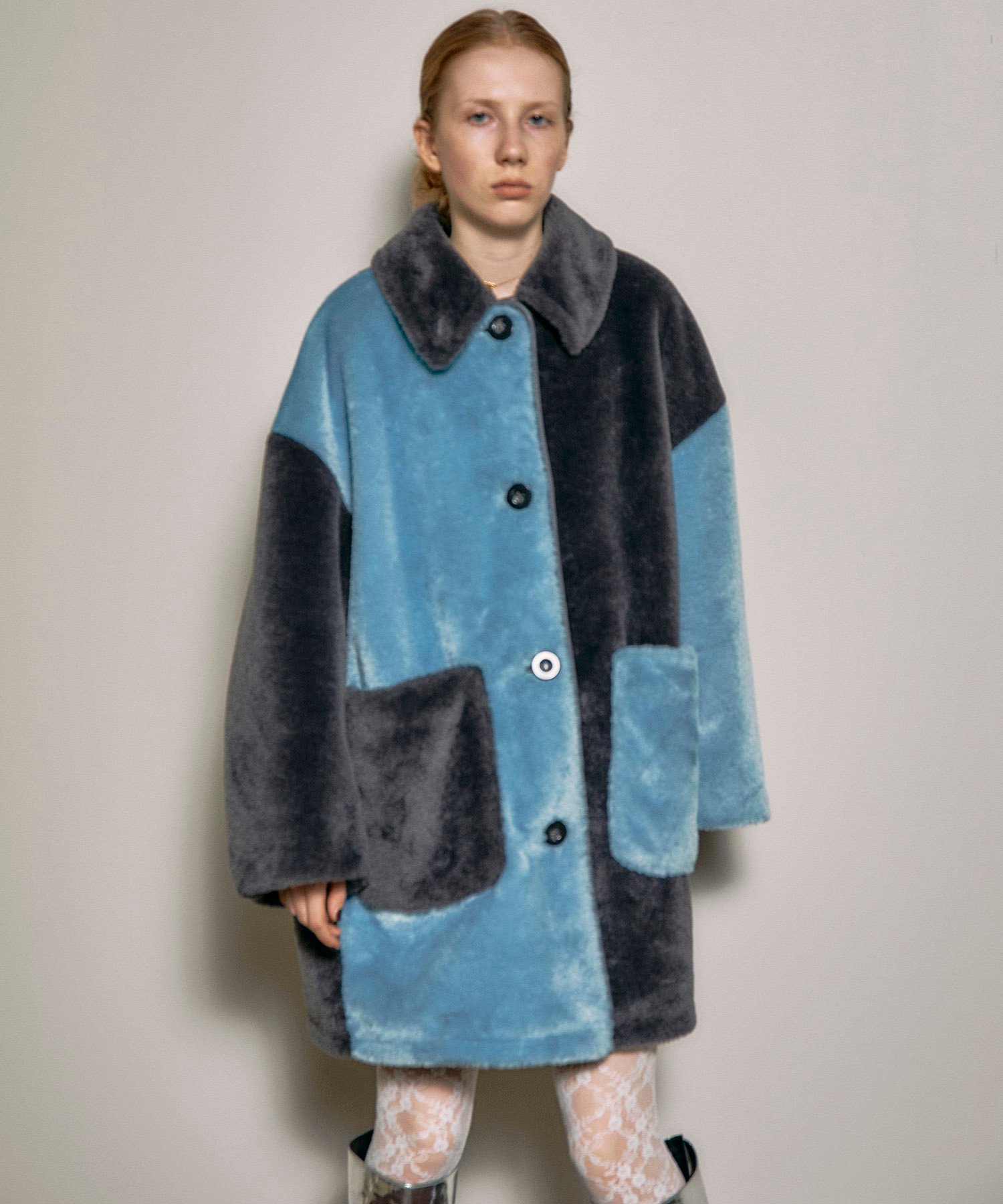 MAISON SPECIAL Bicolor Soutien Colored Fur Coat メゾンスペシャル ジャケット・アウター ステンカラーコート ブルー ブラウン